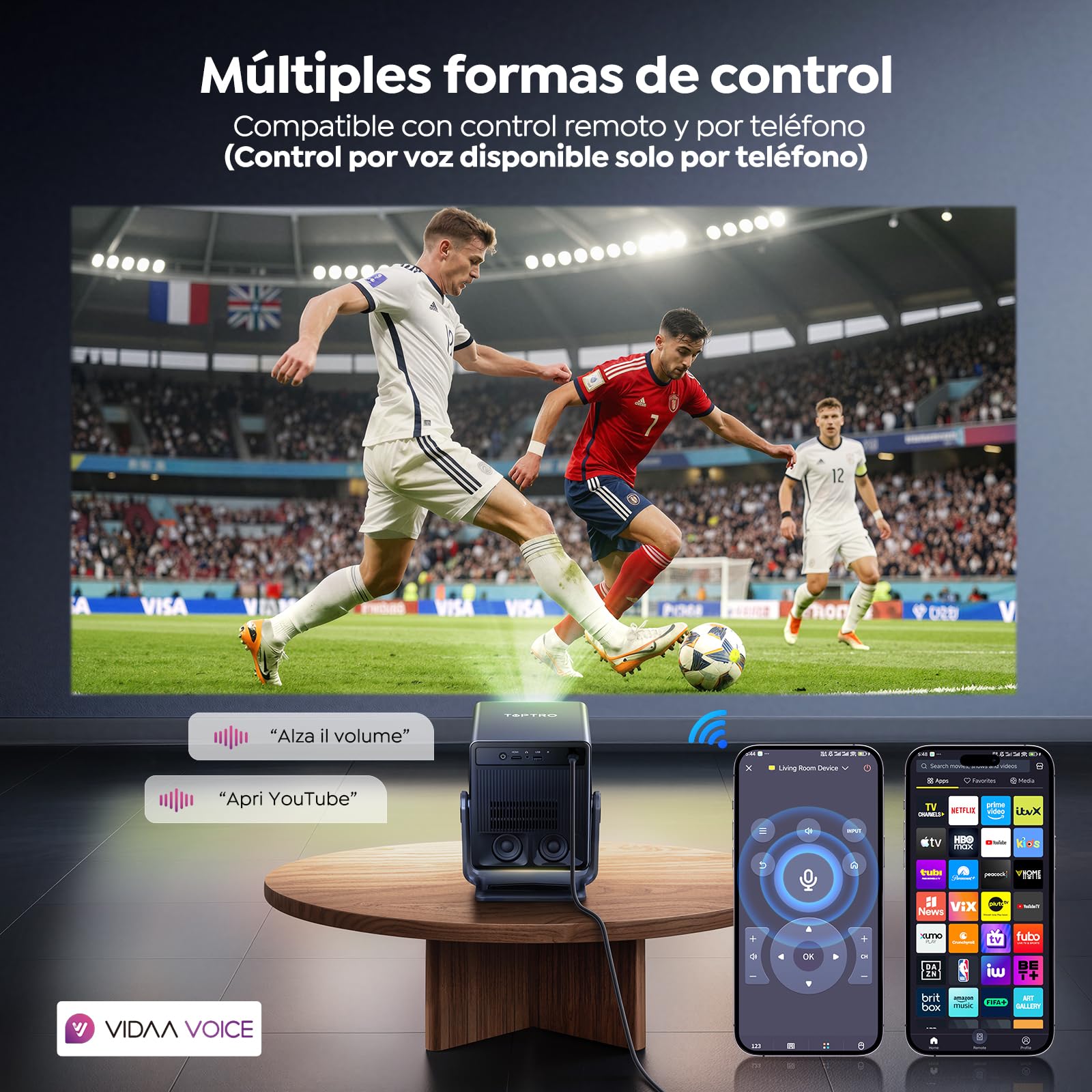 Proyector 4K【Netflix Integrado/TV en Directo/Dolby Audio】VIDAA, el SO más rápido, 1400 ANSI, FHD 1080P, Auto Focus y Keystone, Control por Voz, BT 5.4, Homekit,Rotación 200°, Proyector para Exteriores