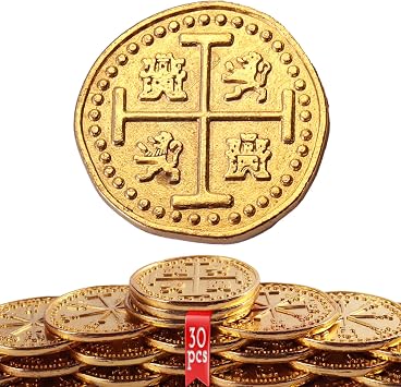 Byhoo Metal Pirate Coins, 30 Gold Treasure Coins Set, Metal Replica Spanish Doubloons, Pirate Treasure Chest Fake Coins Tokens, Realistic Money Imitation for Cosplay Toys Board Games