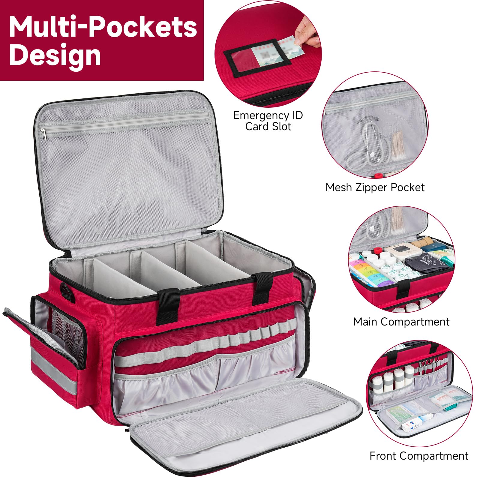 Borsa di emergenza vuota per infermiere, grande borsa medica, portatile borsa medica da viaggio, organizzatore di pillola per lavoro (rosso, grande)