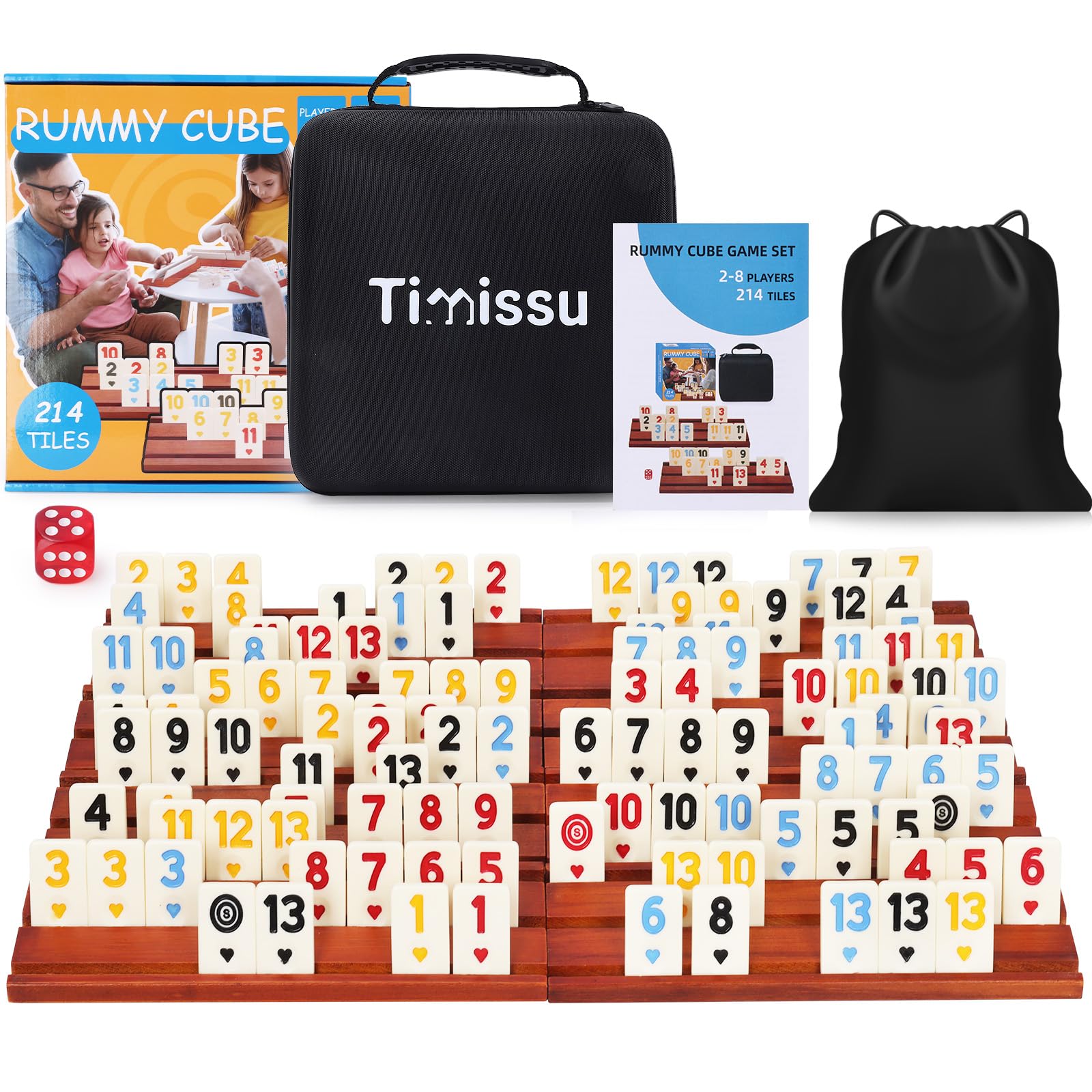 Timissu Rummy Cube 6-8 Players with 8 Wooden Racks 214 Large Number Rummy Tiles Travel Size Rummy Cube Game with Case 8 Players Travel Game Set for