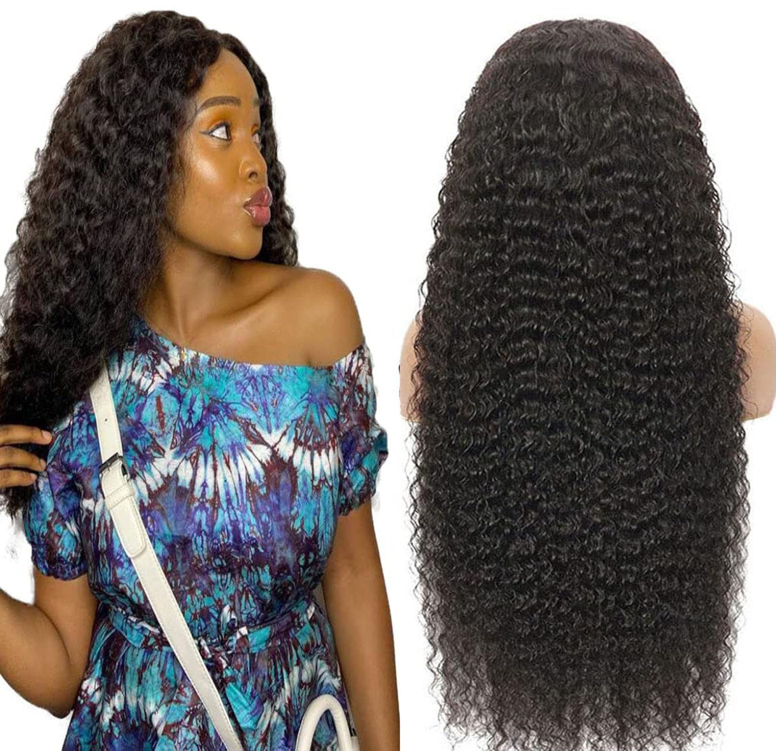 Echthaar Perücke für Damen Perücken Deep Wave Human Hair Wig 4X4 Lace Closure #1B Black Color 150% Density Unprocessed Remy Hair Glueless 34 Zoll
