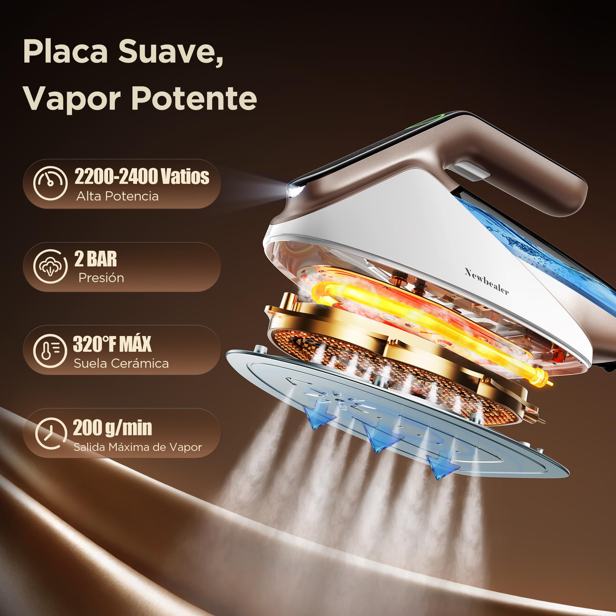 Newbealer Plancha de Vapor 2300W con Turbo Vapor,4 Temperaturas | Golpe de vapor de 200 g/min, Depósito de Agua Removible de 350 ml, Calentamiento Rápido en 20s, Apagado y Autolimpieza, Oro