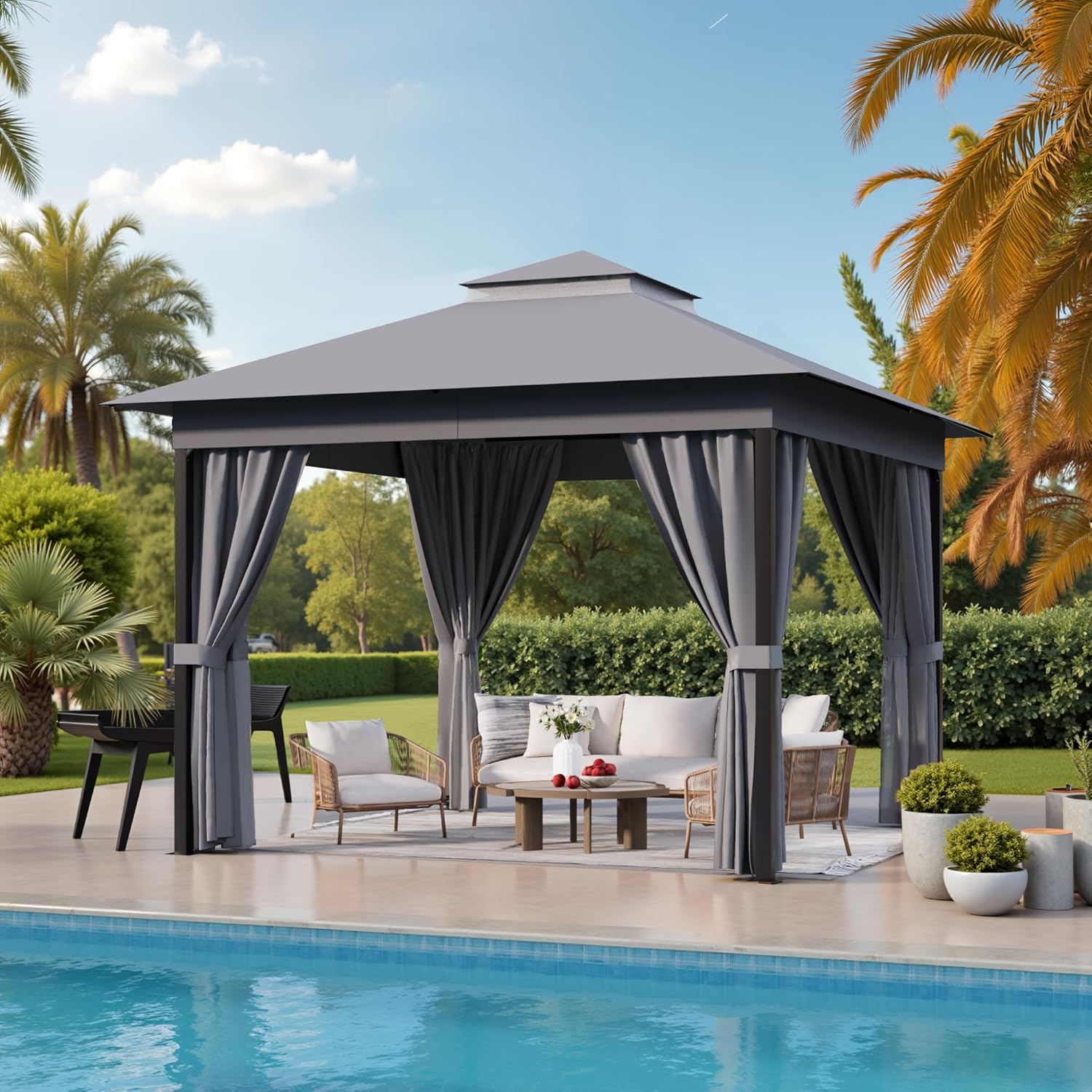 Devoko 10x10 Heavy Duty Outdoor Gazebo Patio Canopy with Double Roof, Mosquito Netting, Privacy Screens & Rust-Resistant Steel Frame (Grey)