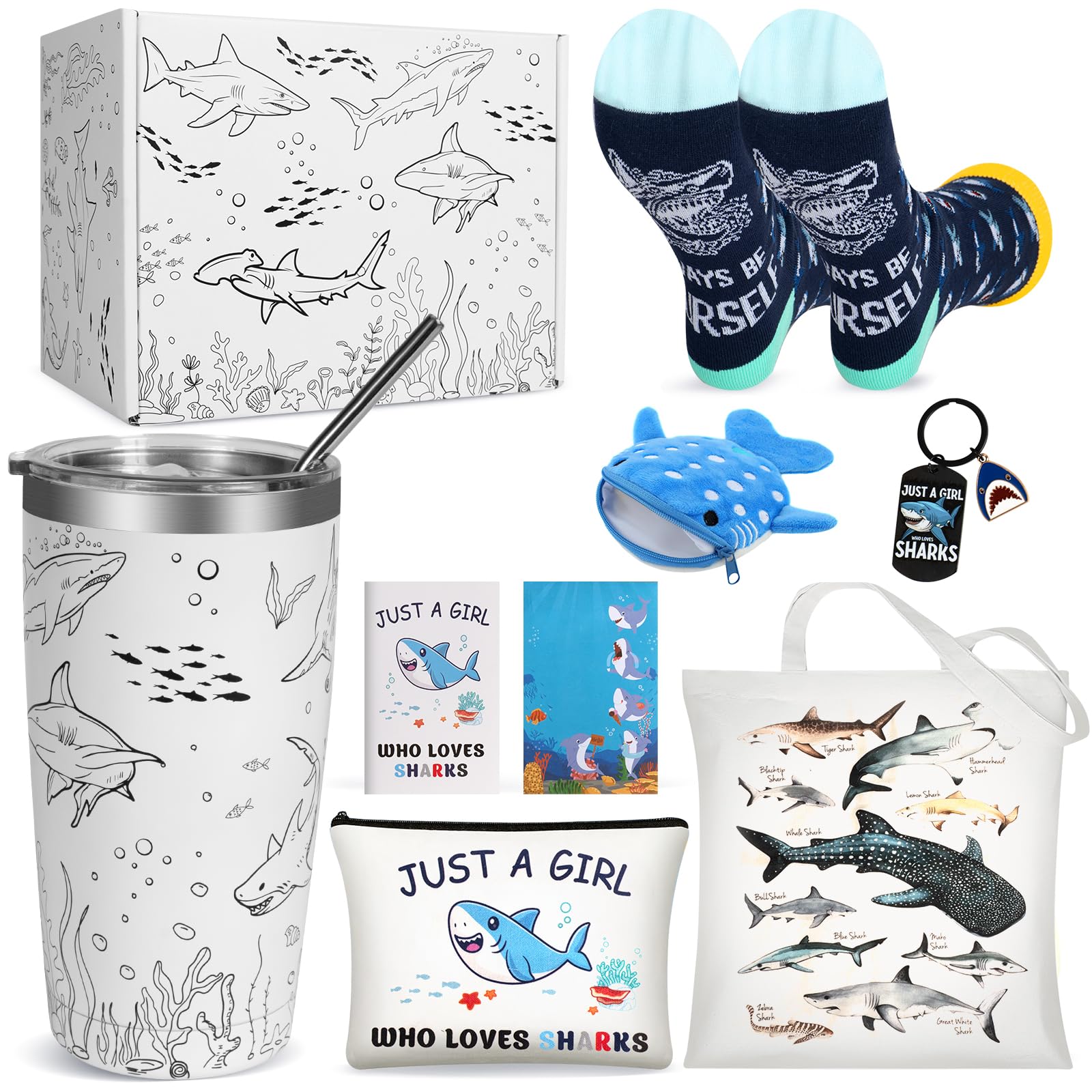Shark Gifts for Women, 9 Pcs Shark Lovers Gift for Girls Including Tumbler Tote bag Makeup Bag Shark Coin Purse Socks Notepad Keychain Gift Card for