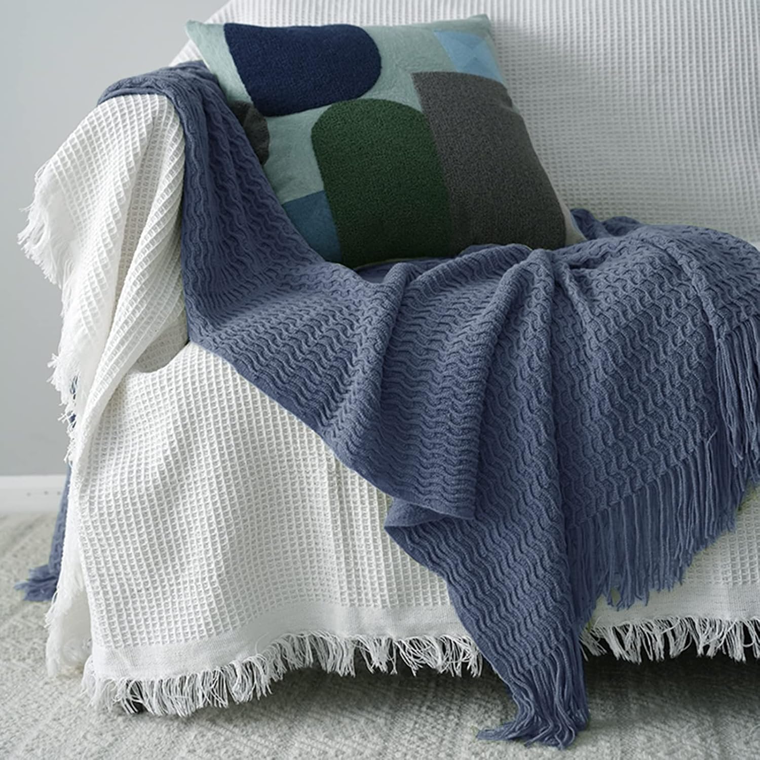 LumiSyne Cellular Knitted Throw Blanket with Tassel Plain Color Delicate Hollow Weave Pattern Soft Breathable Sofa Throw Couch Cover Bedspread Decorative Blanket for Bed Couch Chair Car Travel