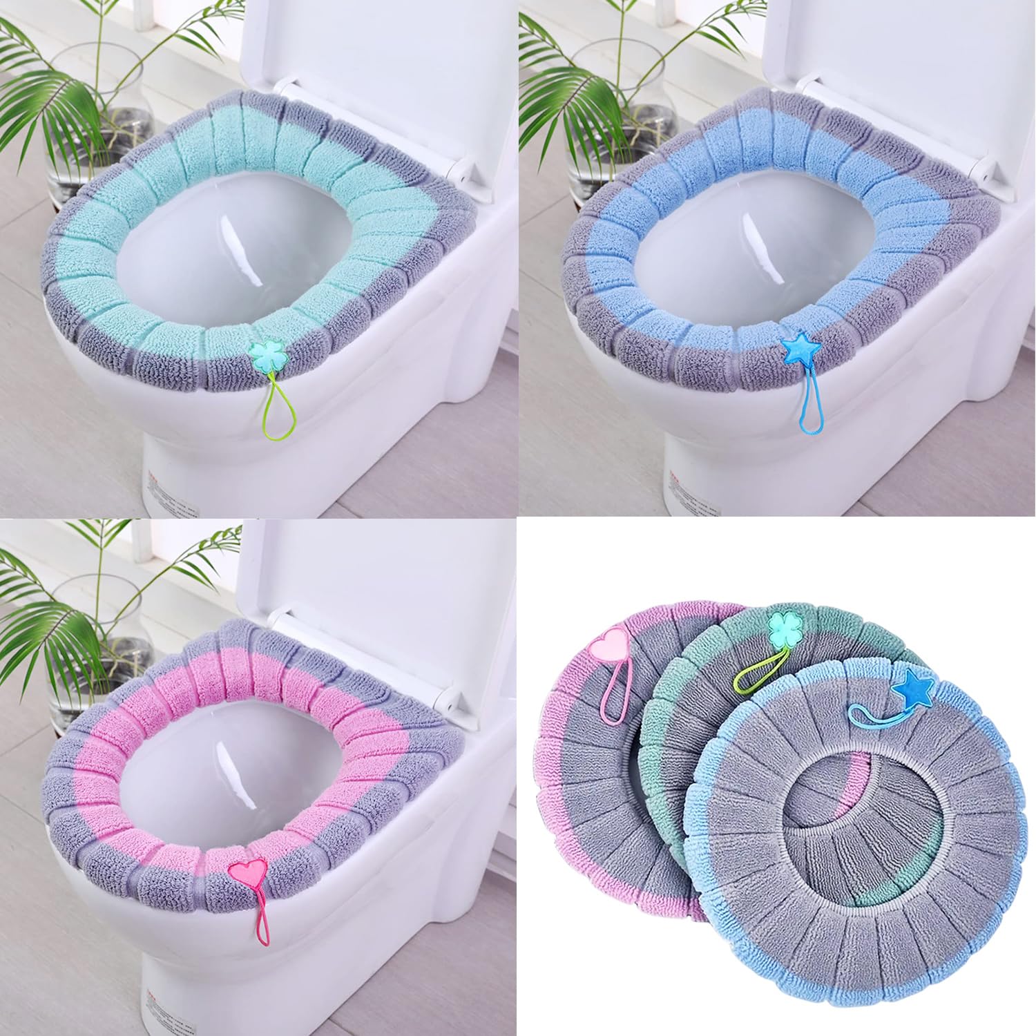Almohadilla para Asiento de Inodoro Fundas para Asiento de Inodoro con Asa Funda Suave para Tapa de Inodoro del Baño Cojín Más Grueso Elástico Lavable Tamaño Universal (Dos Tonos)