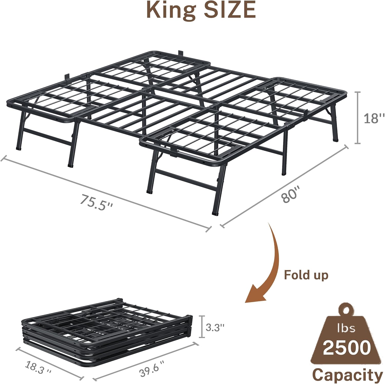 VIPSHOW 18 Inch King Metal Bed Frame Folding Bed Frame Tool-Free Assembly Mattress Foundation No Box Spring Needed Platform 2500lbs Heavy Duty Steel Slats, Noise-Free, Easy Assembly, Black