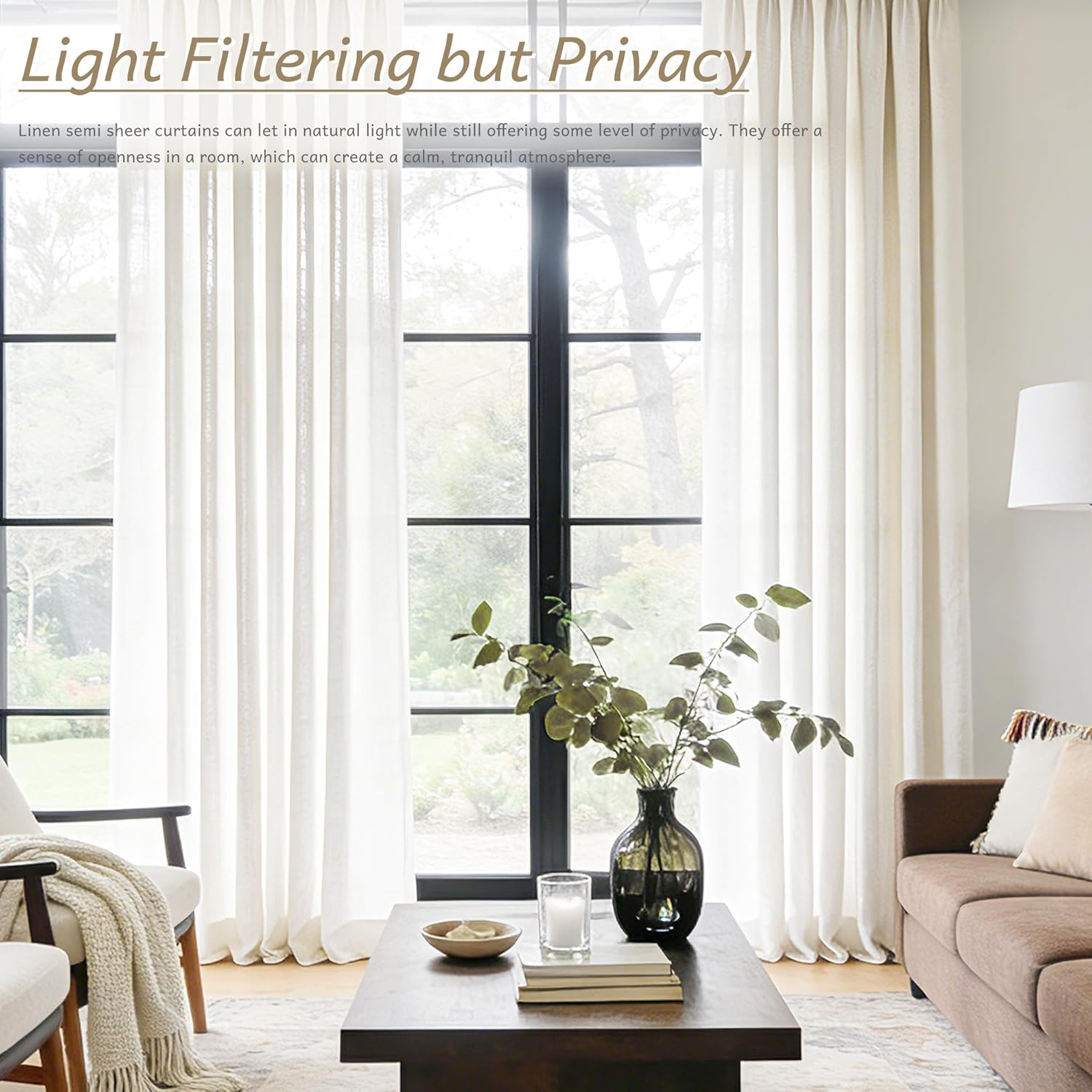 Triple Pinch Pleated 90 inch Long Linen Curtains 2 Panels Set for Living Room Track System Curtains Neutral Modern Farmhouse Light Filtering Semi Sheer Linen Blend Pinch Pleat Drapes 90 Length Cream