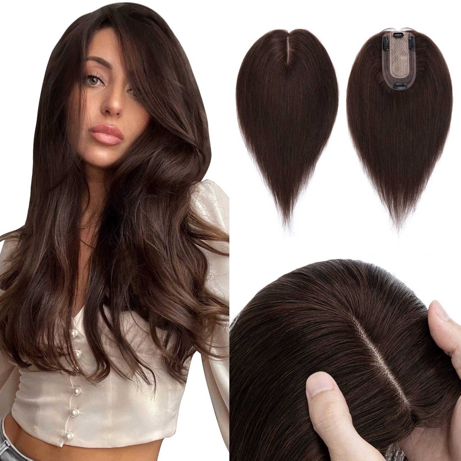 Hairro 100% Real Human Hair Toppers for Women No Bang, Clip in Real Hairpieces, Breathable Silk Base for Covering Greyish Thinning Hair Loss on Top,