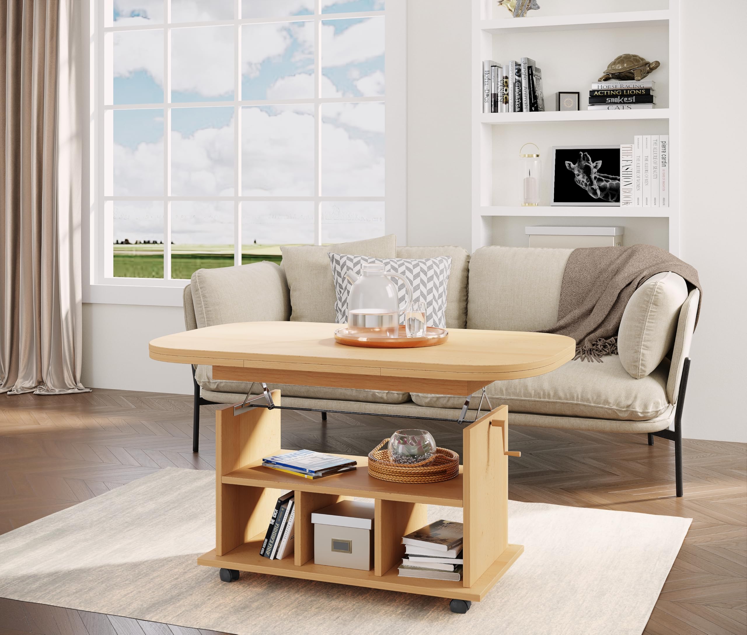 Hela Tische, Babsi - Mesa Auxiliar (Material Compuesto de Madera, Revestimiento de Melamina, Diseño de Haya, Altura Regulable 53-63 cm, Extensible 107-157 cm, con Ruedas)