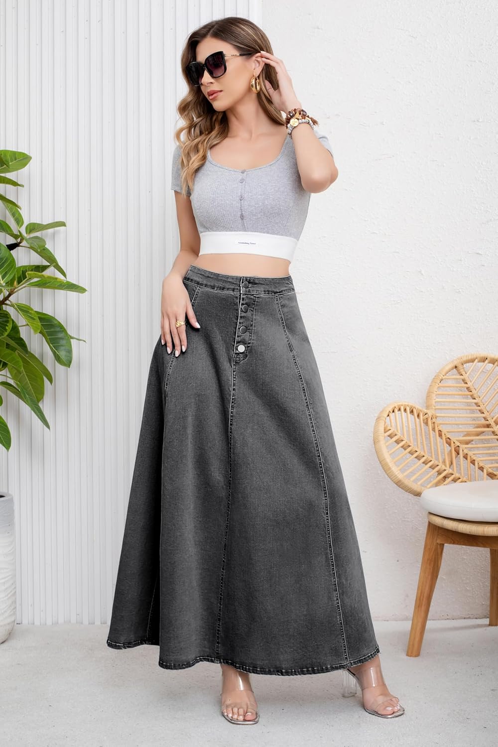 ebossy Women's Retro High Waisted Button Fly Flared Long Jean Skirts Pleated Flowy Swing A-line Denim Maxi Skirts - Image 3