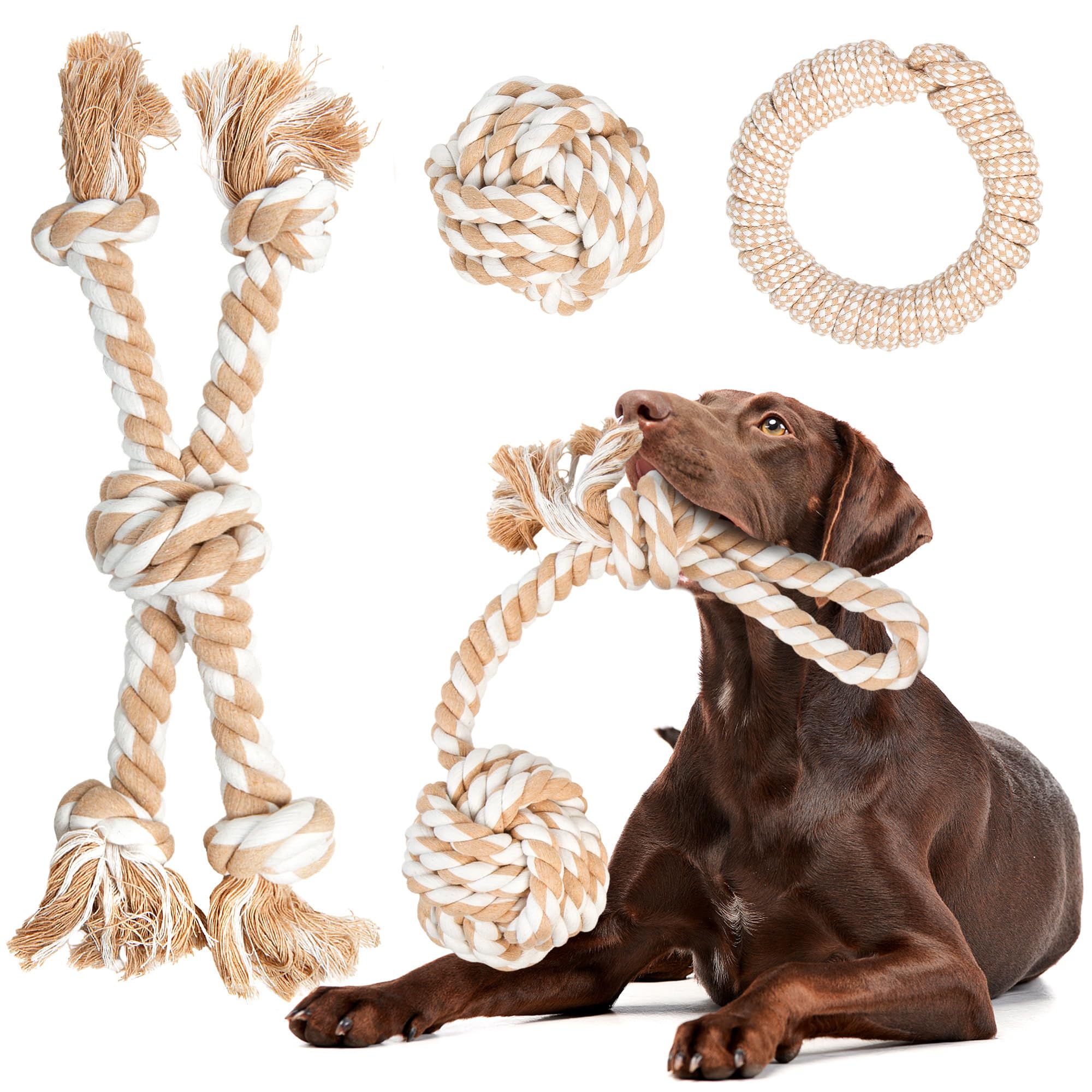 Fida Heavy Duty Dog Rope Toys for Aggressive Chewers 4pcs Pack Natural Cotton Dog Chew Toys for Large