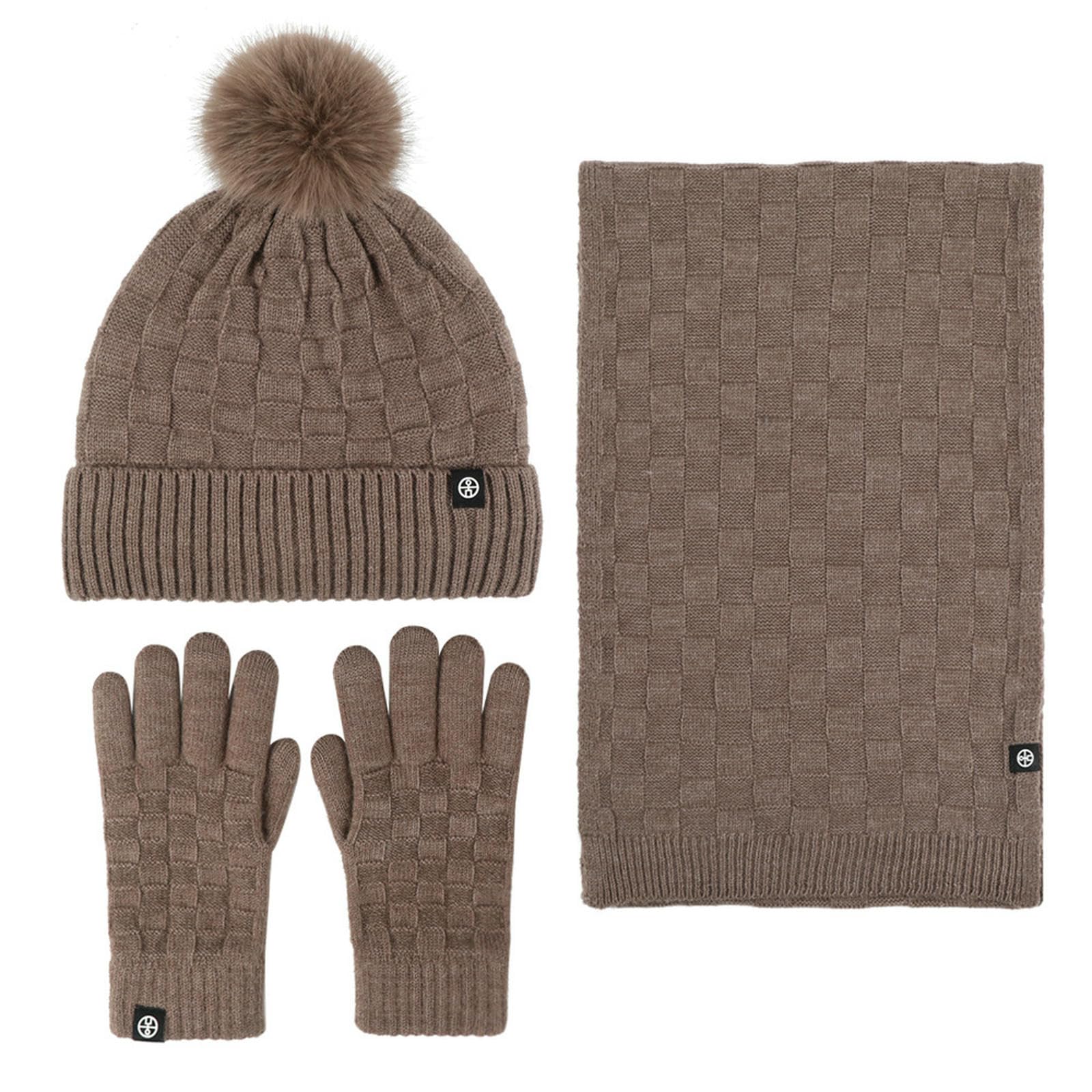 Wintermütze Schal Handschuhe Set Winter-Set Mit Fleece-gefütterter, Warmer Bommel-strickmütze, Und Handschuhen Für Den Außenbereich-schwarz