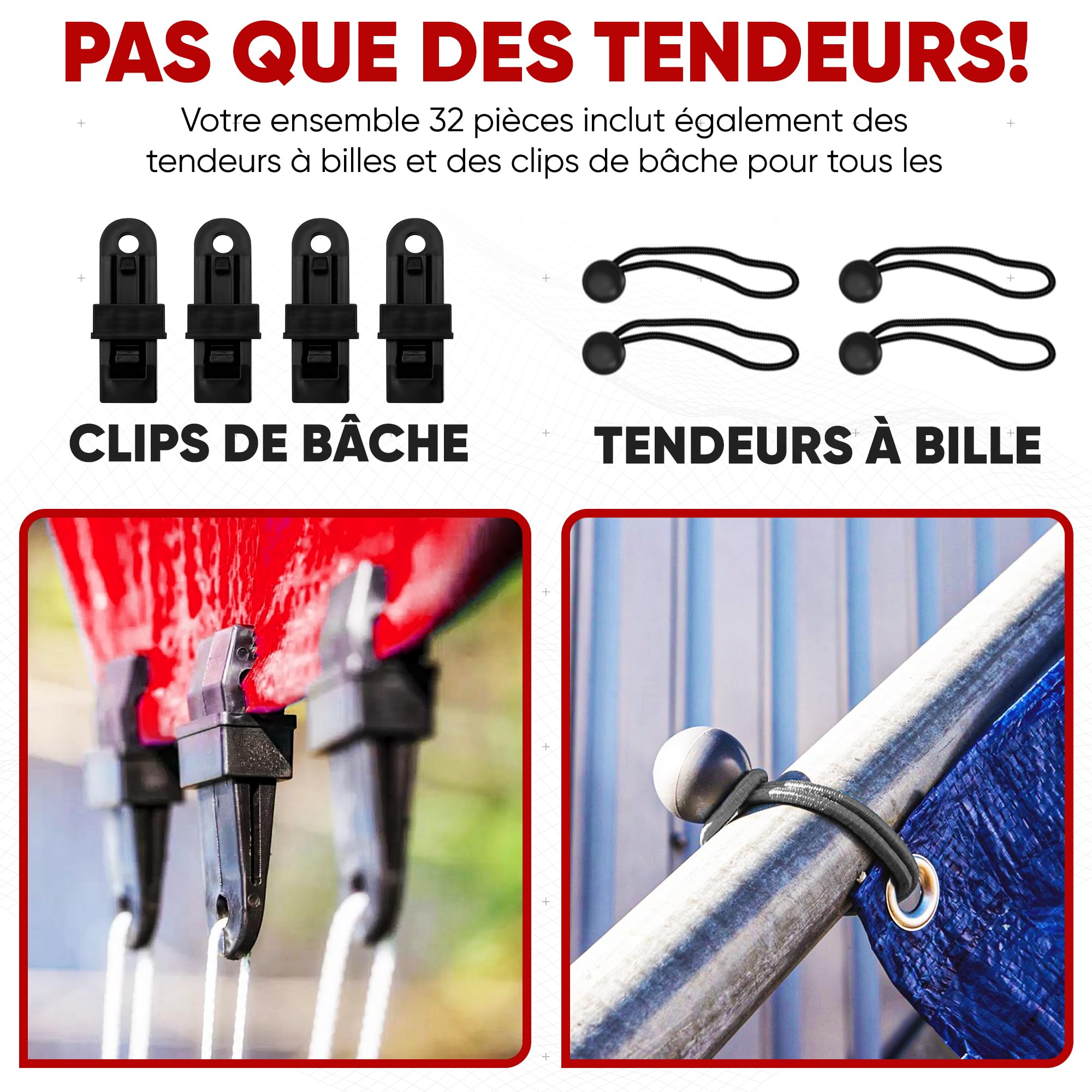 FORTEM Lot De 24 Tendeurs Élastiques Avec Crochets - Attaches Résistantes Pour Auvent Et Bâches