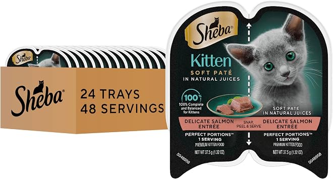 Sheba Perfect Portions Kitten Wet Food, Pate Cat Food Wet Entree, Salmon Recipe, 2.6 oz. Twin-Pack Trays 24 Count, 48 Servings