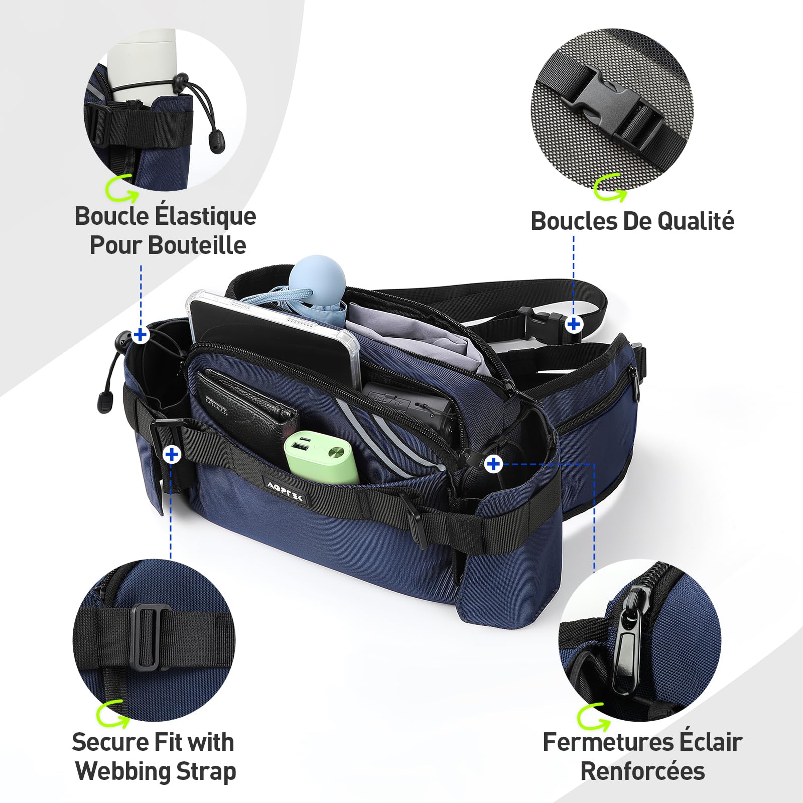 AGPTEK Sac Banane avec Porte-Gourde, Grande Capacité Sacoche Banane Ceinture pour Homme Femme, Réglable Multi-Poches pour Course à Pied, Randonnée, Vélo, Camping et Voyage