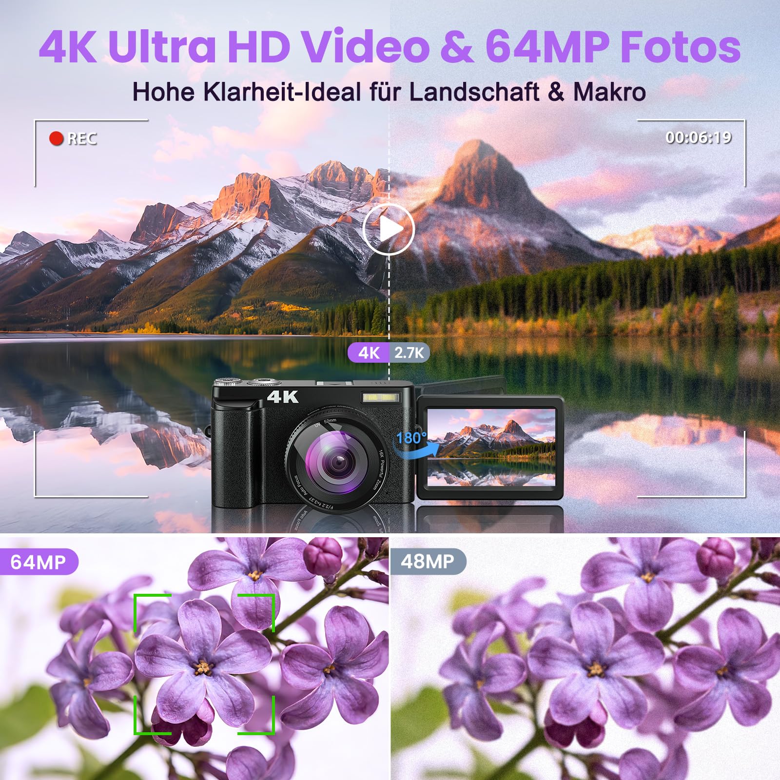 4K 64MP Digitalkamera mit WLAN und Autofokus, 3" 180° Klappbildschirm, Kompaktkamera mit 32GB Karte, Ladestation und 2 Akkus