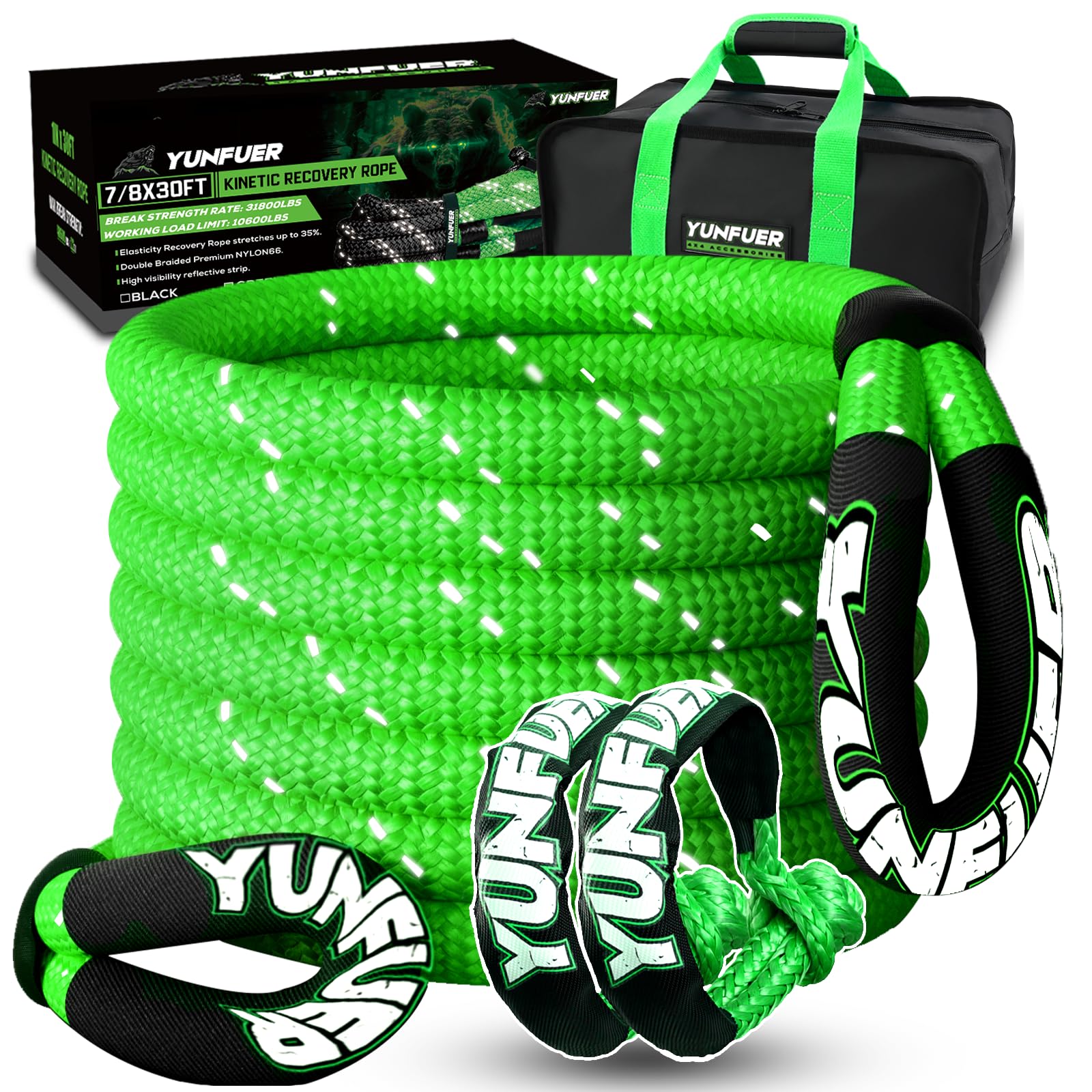 YUNFUER 7/8" x 30' Kinetic Recovery Tow Rope (31,800lbs) with 2 UHMWPE Soft Shackles (35,200lbs) Heavy Duty Offroad Recovery Rope Kit for Trucks SUV UTV ATV Tractor Car Jeep (Green)