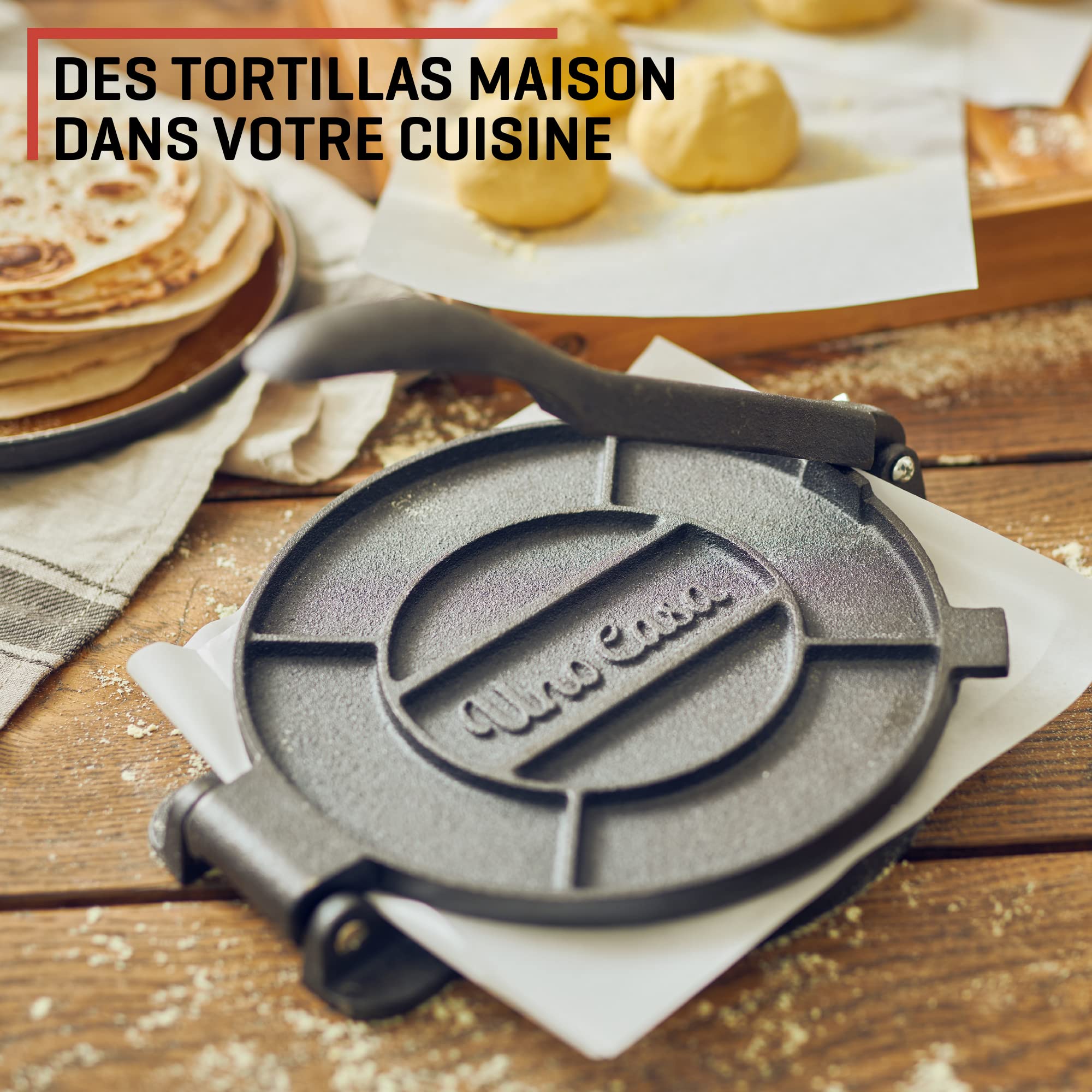Uno Casa Tortilla et Machine à Crêpe – Fonte résistante – 20 cm– Parfait pour les Crêpes, les Tartes, les Rotis, les Raviolis – 100 Feuilles de Papier Sulfurisé en Bonus