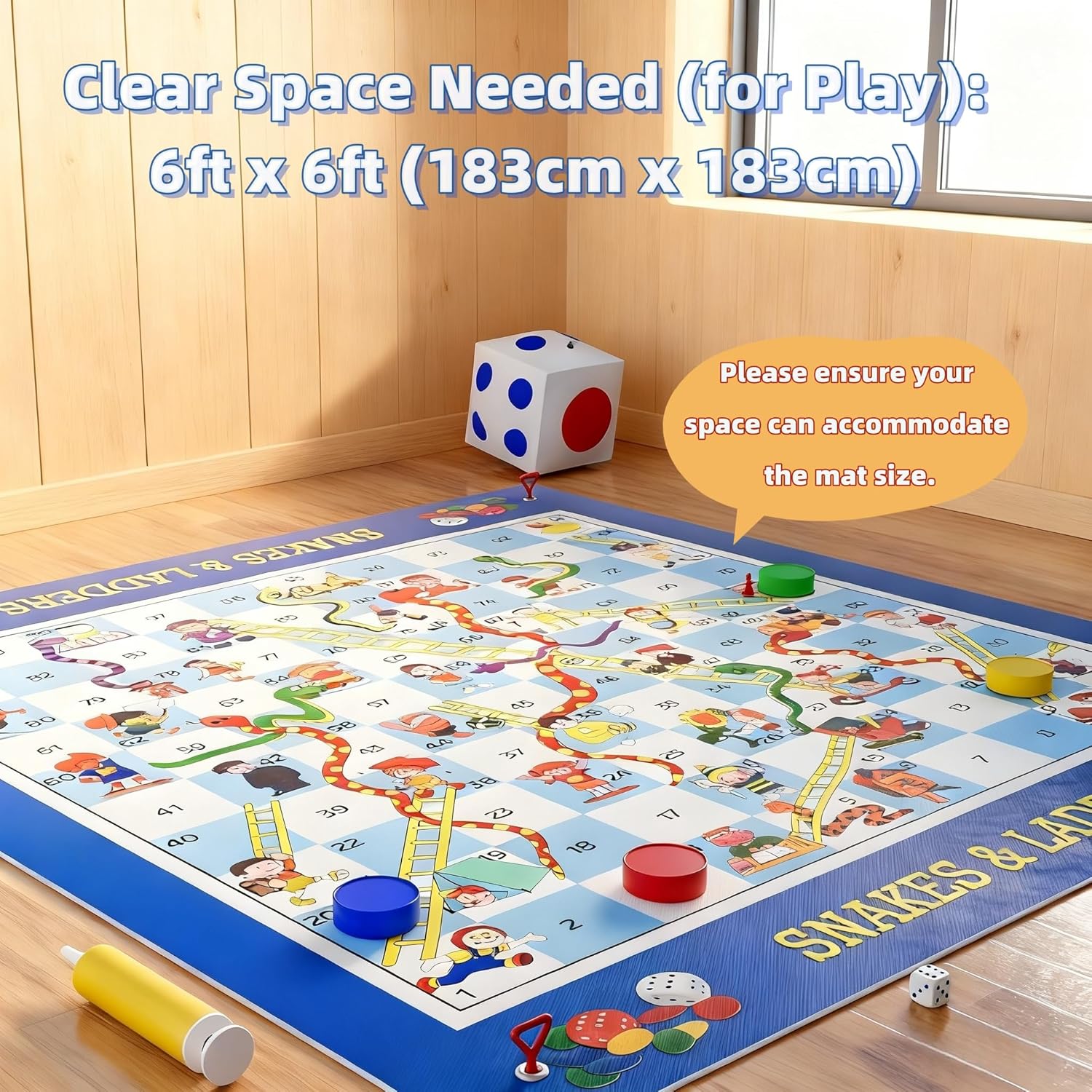 Snakes and Ladders Board Game for Kids and Adults - Extra-Large 5.8 ft Indoor Outdoor Floor Game Mat with Inflatable Dice and Game Pieces, Educational Birthday Toy for Boys and Girls Ages 3+