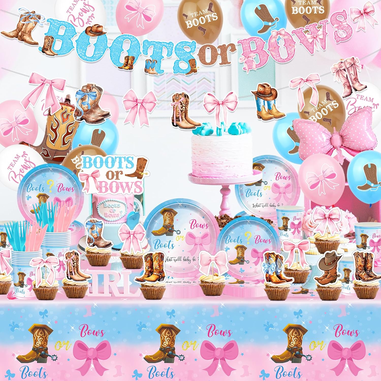 Boots and Bows Gender Reveal Party Supplies Includes Balloons- Banner-Boots or Bows Cake Topper-Cupcake Toppers-Backdrop-Plates-Tablecloth-Napkins-Cups and Cutlery for Gender Reveal Party Decorations - Image 5