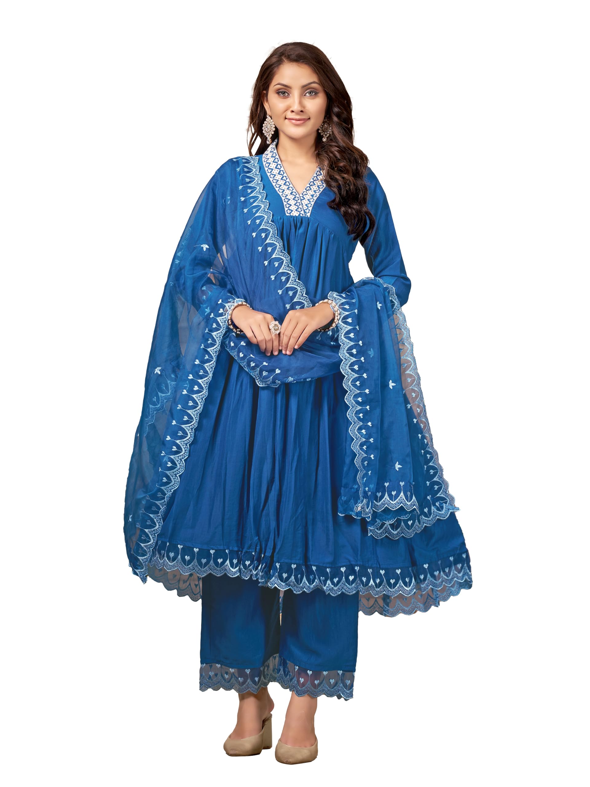 ROYALICABlue Embroidered Anarkali Kurta Set-women's Silk blend flared embroidery detail anarkali kurta pant & organza dupatta sets.