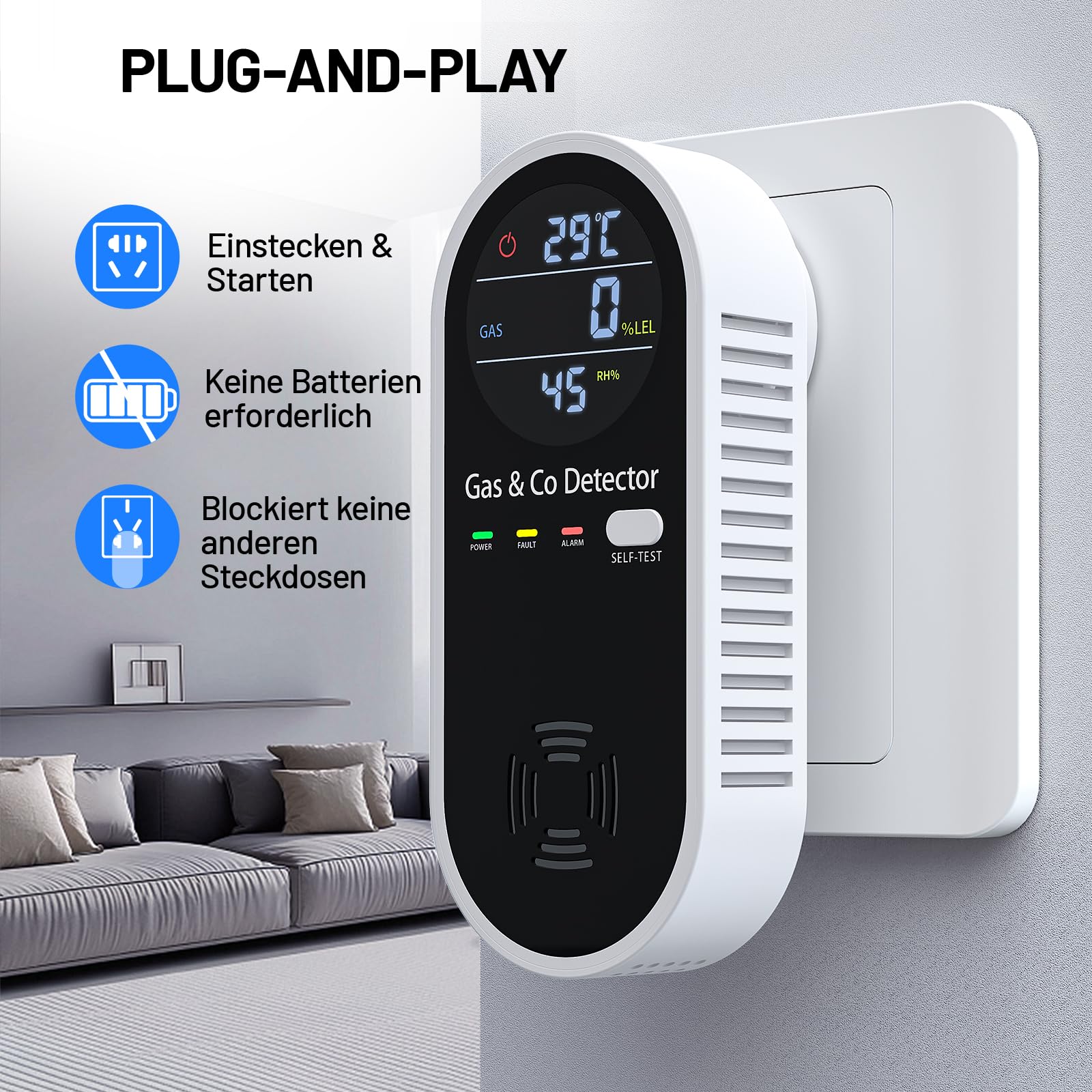 Kohlenmonoxid Melder & Gasmelder 4-in-1 – CO Melder mit Temperatur- & Feuchtigkeitssensor, akustischer & visueller Alarm, Plug & Play – Für Zuhause, Garage und Werkstatt – YOJOCK