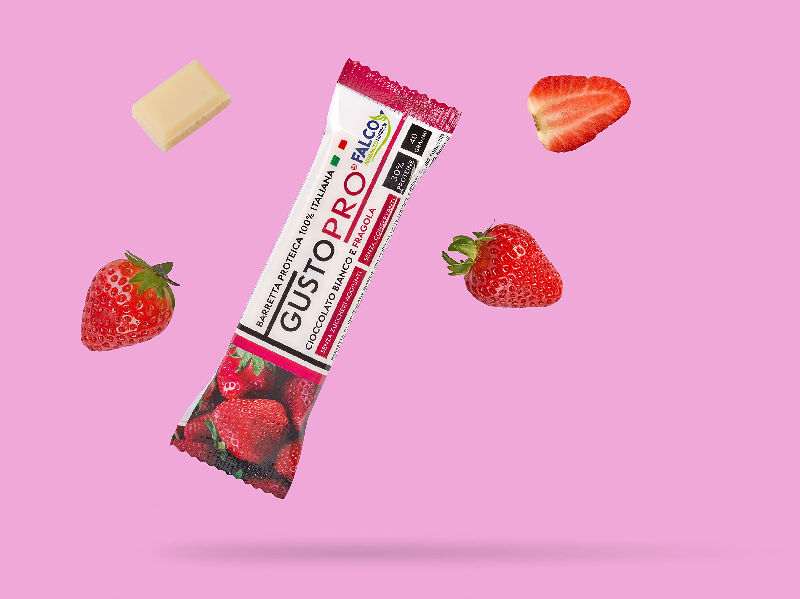 GUSTOPRO BIANCO E FRAGOLA – Barretta Proteica Senza Zucchero, Croccante, Puro Cioccolato Bianco e Fragola, 30% di Proteine Del Siero del Latte (Whey Protein) (24x40g)