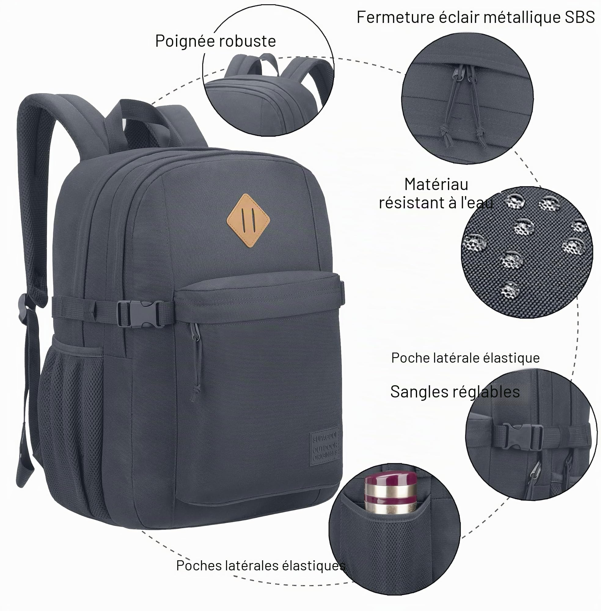 SUPACOOL Sac à Dos Léger et Décontracté pour Homme et Femme, Grand Sac à Dos pour écolier, Garçons et Filles, 16.5 Inch, Gris