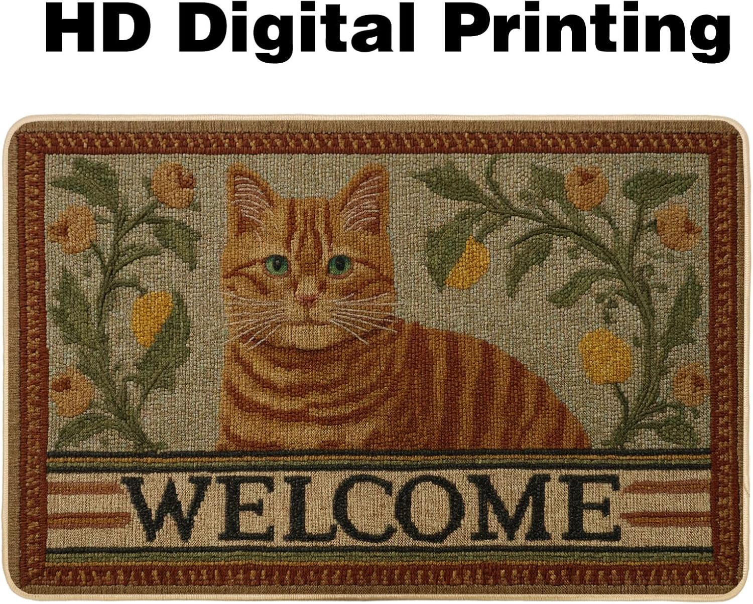 Cat Welcome Doormat, Orange Kitty Door Mat for Outdoor & Indoor Entryway Seasonal Decor, Non-Slip Waterproof Dust Absorbent Front Mats, Easy Care 29x17 Inch