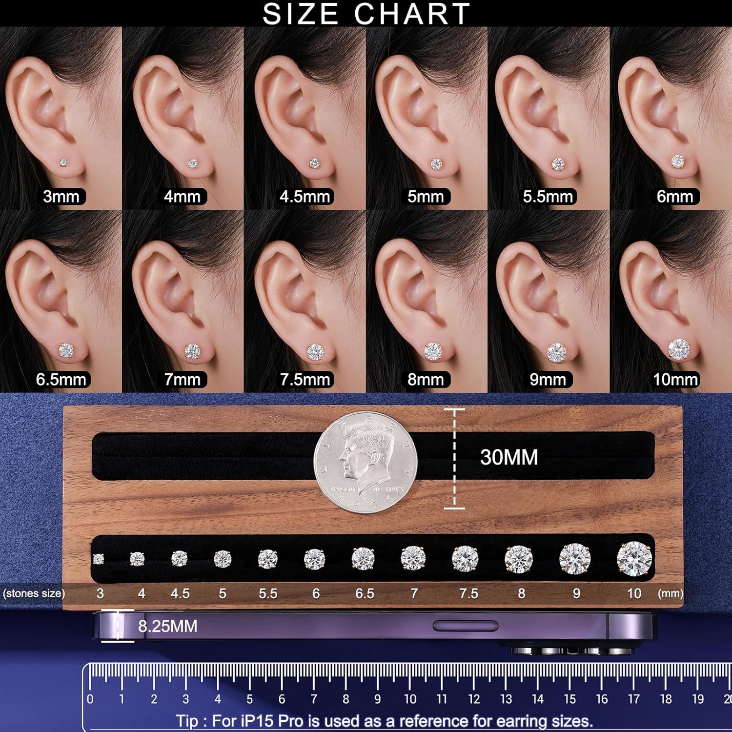 Moissanite Stud Earrings Screw Back 3-10mm 0.2ct-8.0ct 18K White Yellow Rose Gold Plated S925 Sterling Silver Round Cut D Color VVS1 Lab Created Moissanite Earrings for Women Men - Image 3