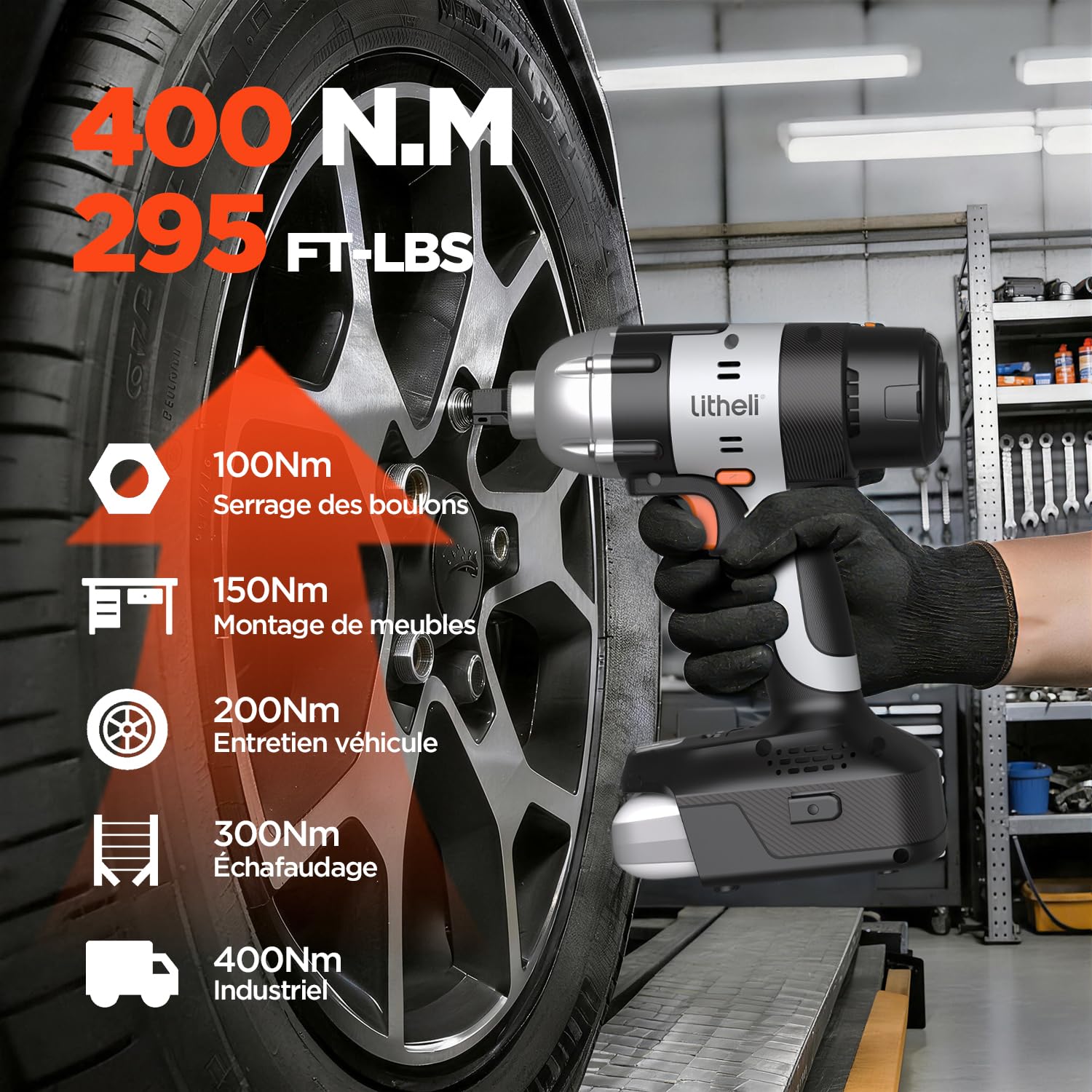 Litheli Visseuse à choc sans fil 400 Nm – Batterie 2,0 Ah, mandrin 1/2 pouce, vitesse variable, éclairage LED – Parfaite pour l’auto, le bricolage et l’assemblage de meubles