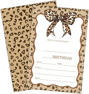 Cheetah Print Birthday Invitations, 20 Pack Leopard Print Bow Birthday Party Invitations with Envelopes, Women Teen Girls Birthday Party Supplies Baby Shower Decorations (4" x 6")-C19