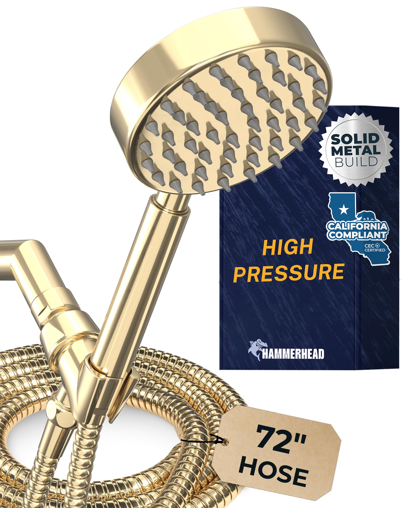 HammerHead Showers ® ALL METAL LOW FLOW Handheld Head with Hose and Brass Holder - POLISHED BRASS – Water Saving 1.75 GPM Detachable Head - Adjustable Wand Bracket & 6ft Hose