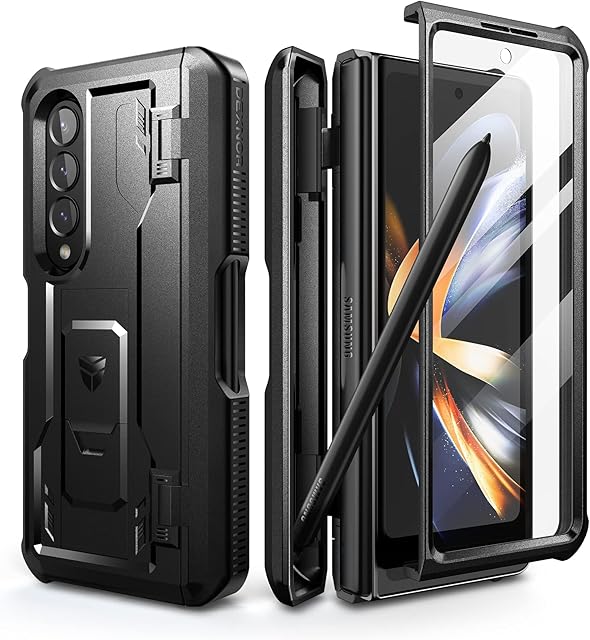 Dexnor for Samsung Galaxy Z Fold 4 5G Case, Full-Body Dual Layer Rugged Case with Built-in Screen Protector & Kickstand & S Pen Slot - Black