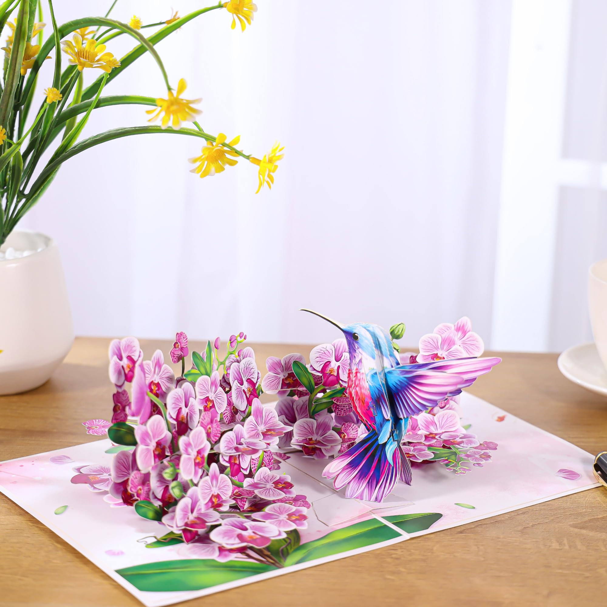 Tarjeta desplegable de colibríes y orquídeas moradas, tarjeta de San Valentín 3D, tarjeta de cumpleaños desplegable para mujeres, mamá, tarjeta emergente del día de la madre, pensando en ti, todas las
