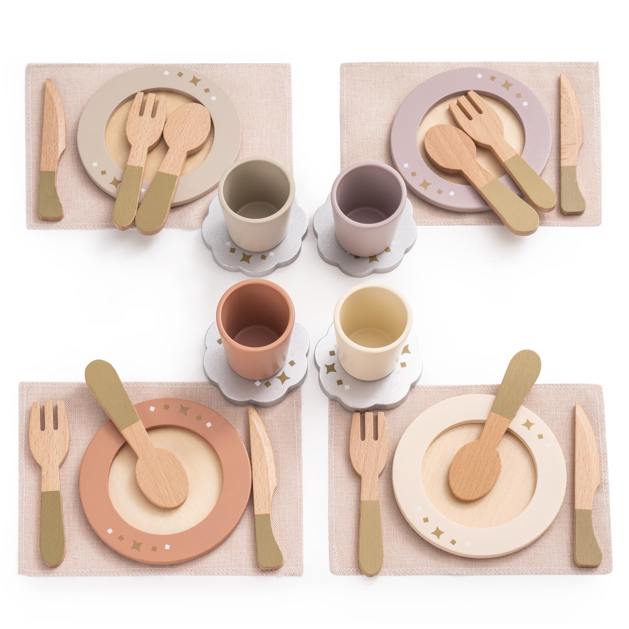 ROBUD 4-Set Wooden Play Dishes Set - Montessori-Inspired Play Food Accessories for Kids, Pretend Play Kitchen Set for Toddlers, Role Play Gift for Boys and Girls