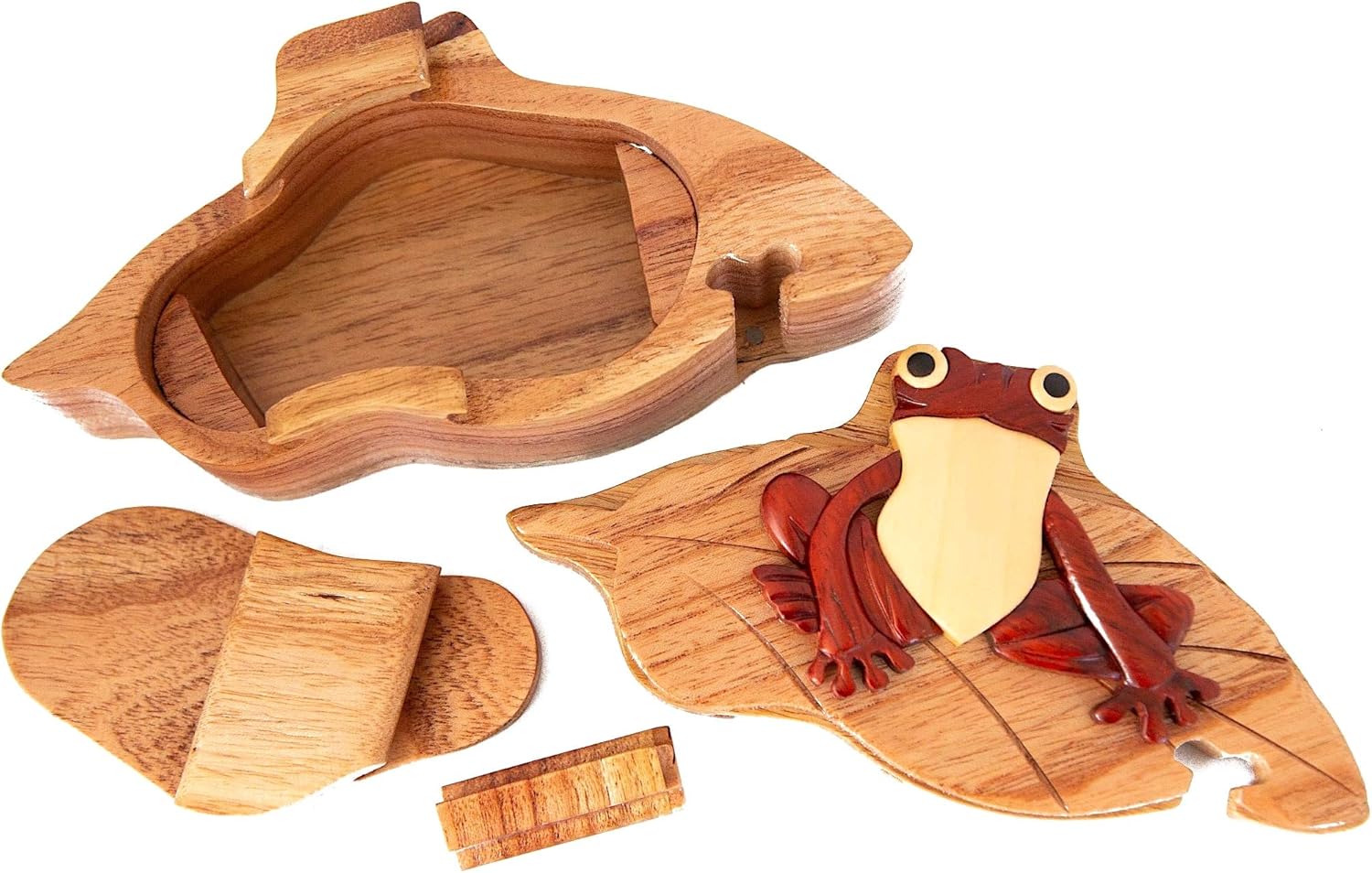 Frog on Lily pad - All Natural Wood Intarsia Puzzle Box - Handcrafted with Secret Compartment
