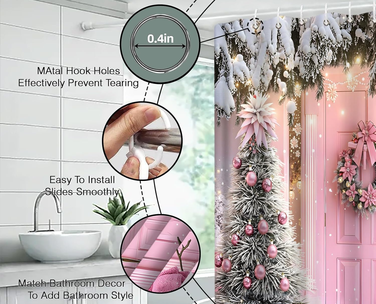 Christmas Shower Curtain Pink Snowman Green Xmas Tree Barn Door Snowflake Funny Rustic Farmhouse Winter Holiday 70" Wx96 H Bathroom Decor Curtain with Hooks