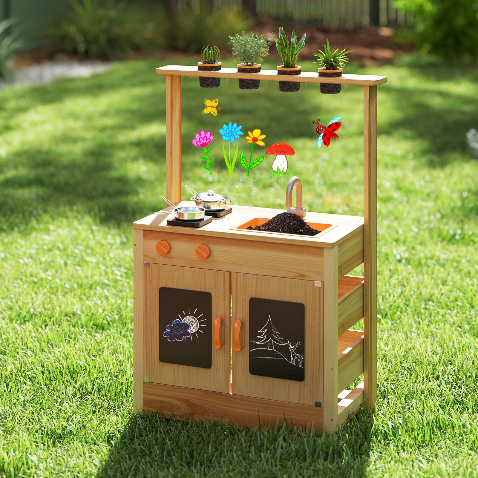 COSTWAY Cucina Giocattolo per Giardino con Lavagna Acrilica per Dipingere, Cucina in Legno di Abete per Bambini con 4 Vasi da Giardinaggio, Set Cucina con Accessori, 68 x 34 x 93 cm
