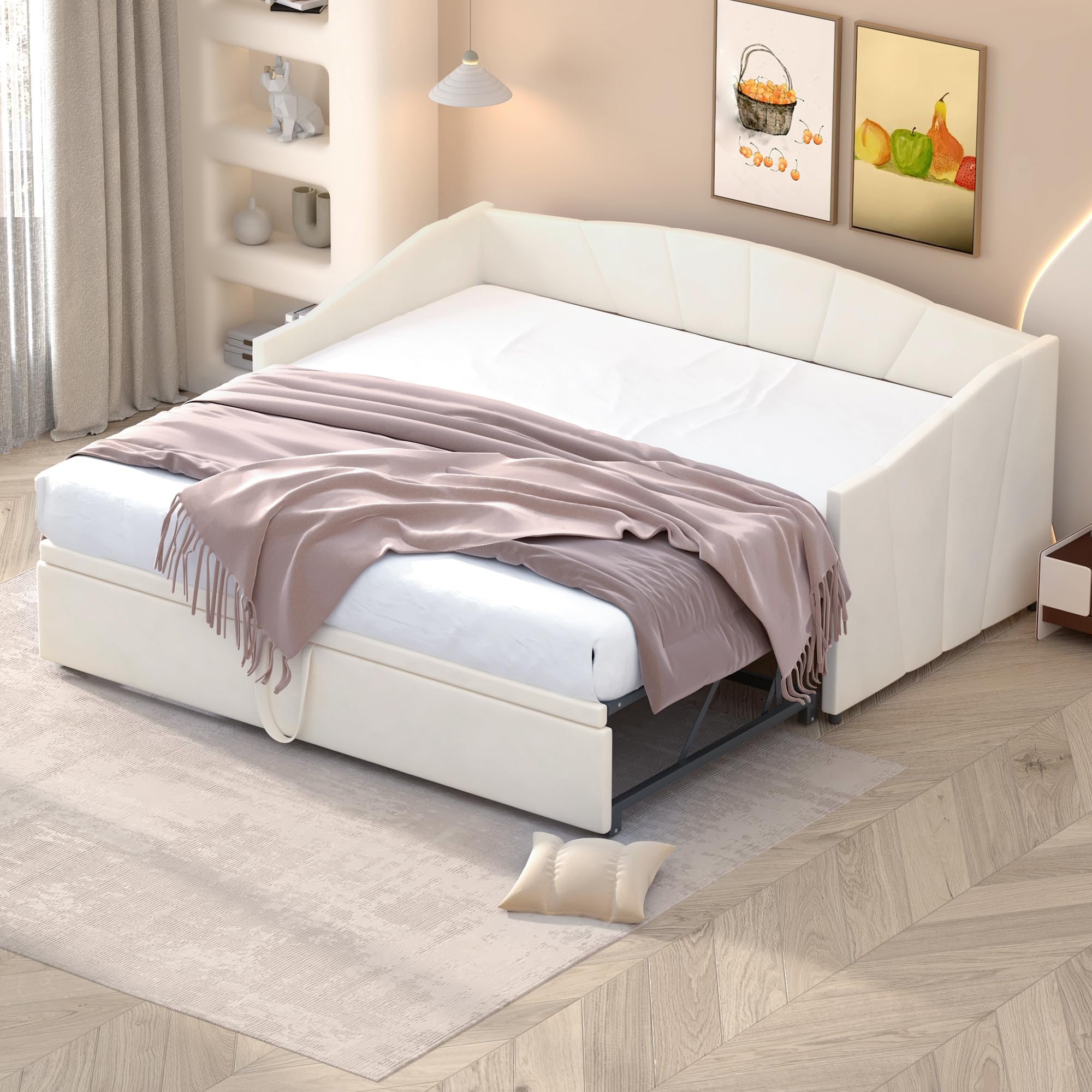 Letto imbottito, divano letto allungabile con rete a doghe, letto multifunzione in tessuto di velluto delicato sulla pelle, 90/180 x 200 cm (beige)