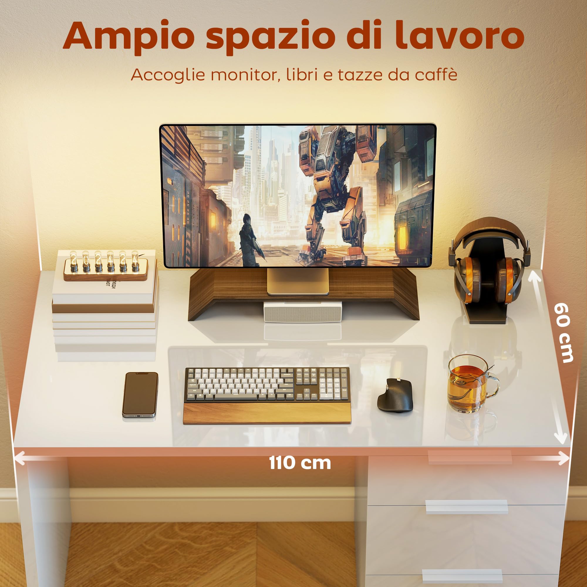 HOMCOM Scrivania Salvaspazio con 4 Cassetti 110x61.5x75 cm Bianco Lucido | Scrivania Moderna, Tavolo Computer, per Casa Studio Camera Ufficio