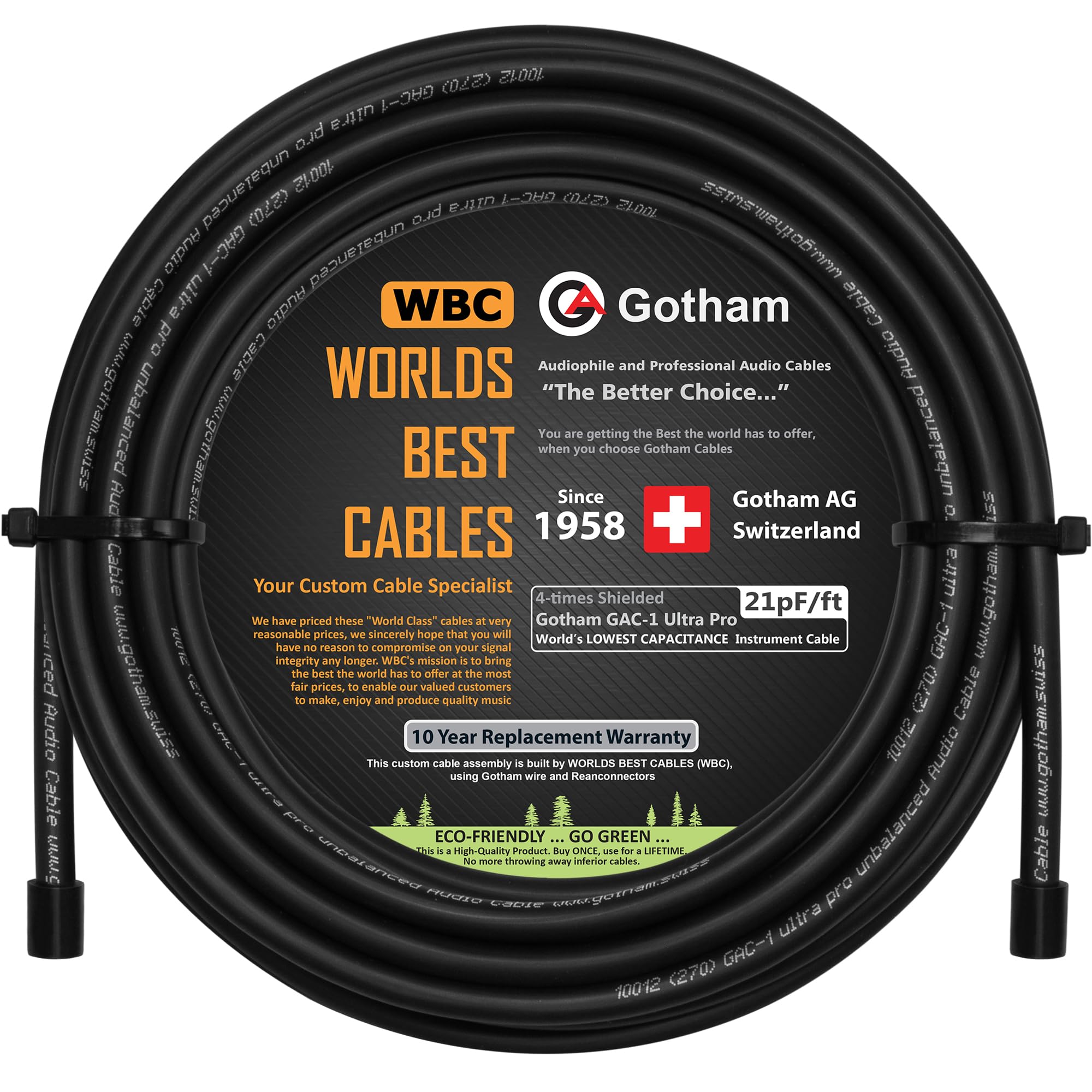 WORLDS BEST CABLES Gotham GAC-1 Ultra Pro (negro) - Cable de guitarra y bajo de alta calidad (21 pf/F) - A granel - Se vende en 25 pies de longitud