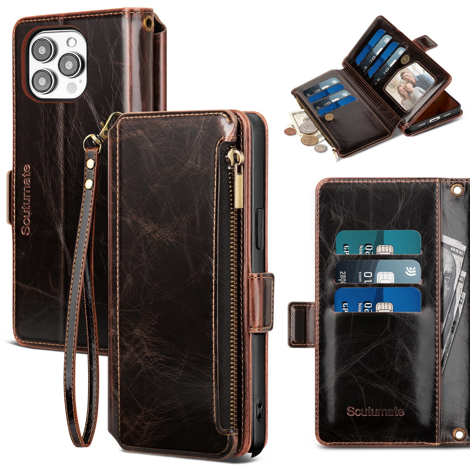 for iPhone 14 Pro Wallet Case with Card Holder,Coffee