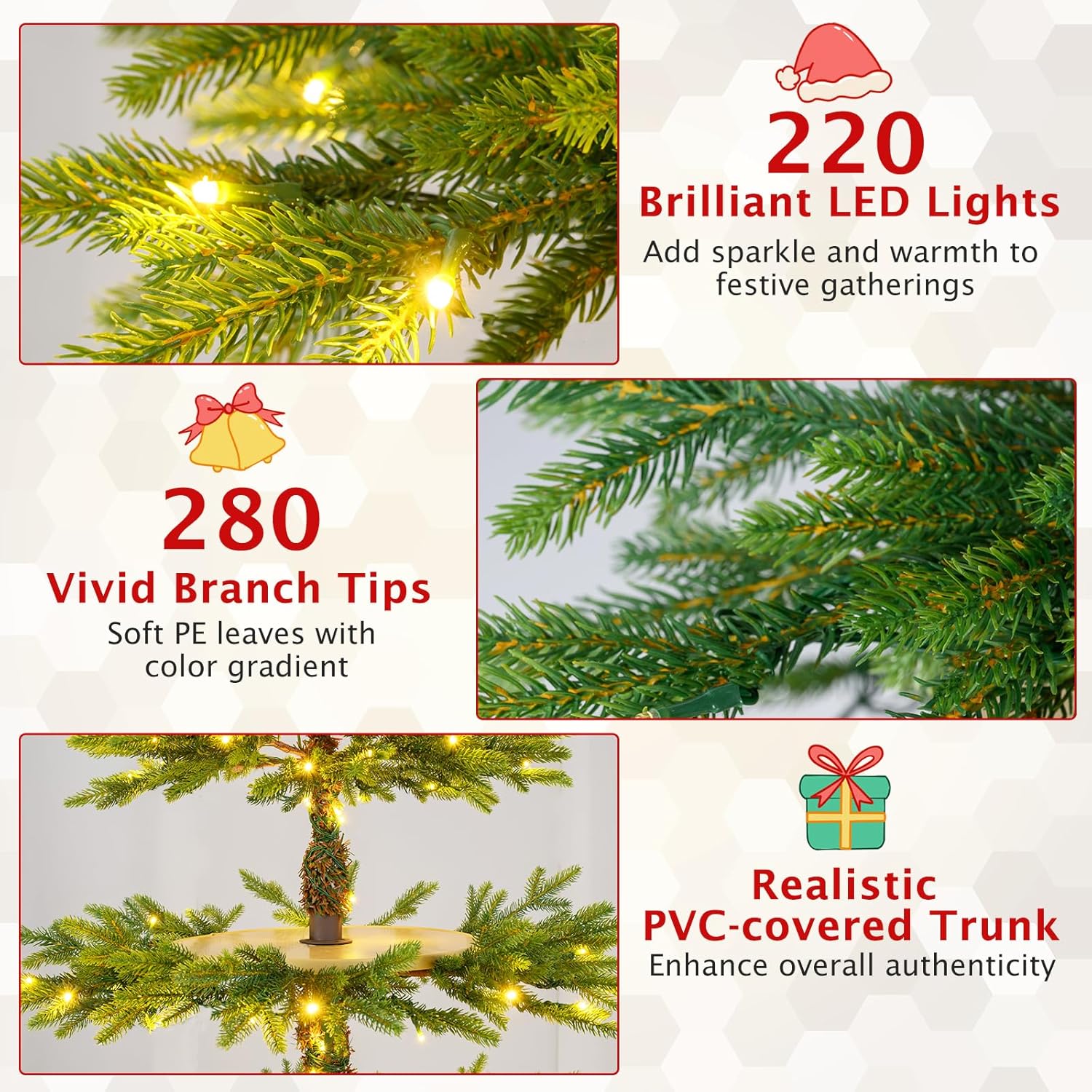 Goplus 6.4 FT Pre-Lit Rotating Christmas Tree with Display Shelves, 360° Rotatable Base, 220 Warm White & Multicolored LED Lights, 11 Modes, 280 Branch Tips, Hinged Artificial Xmas Tree for Home