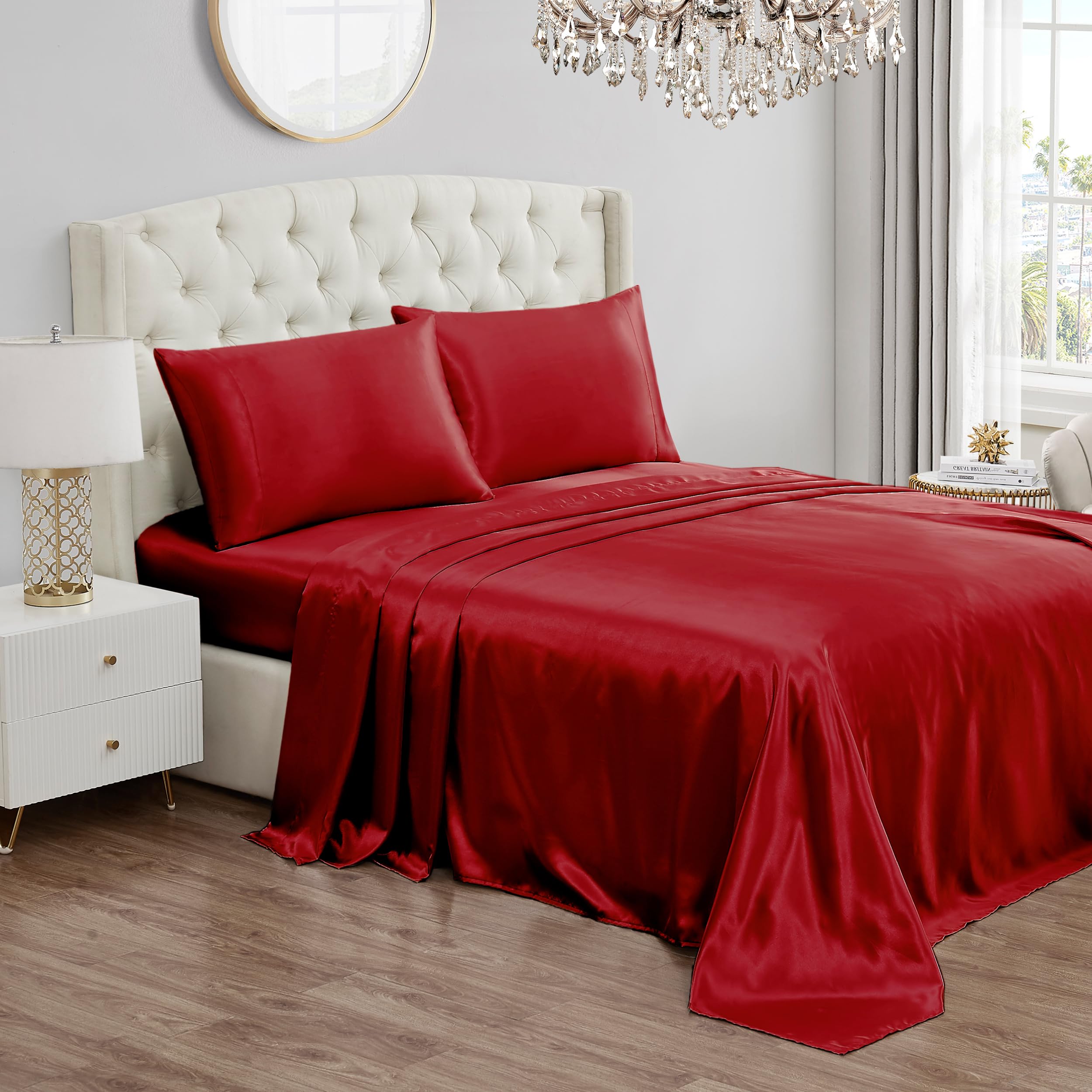 Juicy Couture Twin XL Size Satin Bed Sheet Set, Deep Pocket Silky Twin XL Sheet Set with 1 Fitted Sheet, 1 Flat Sheet, 1 Pillow Case, Wrinkle Resistant and Anti Pilling Bed Sheets - Red