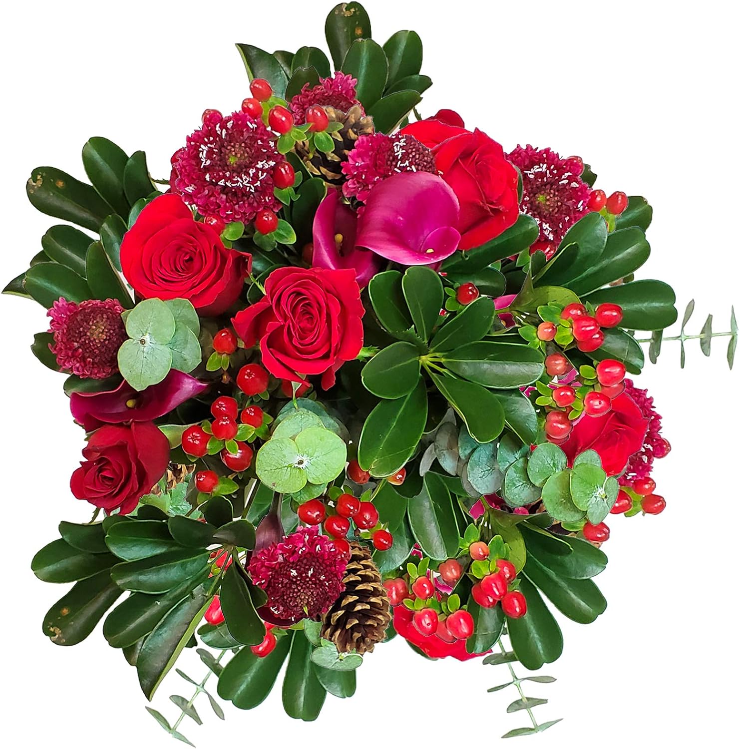 Fresh Flowers Bouquet red Roses, scabiosa, Hypericum