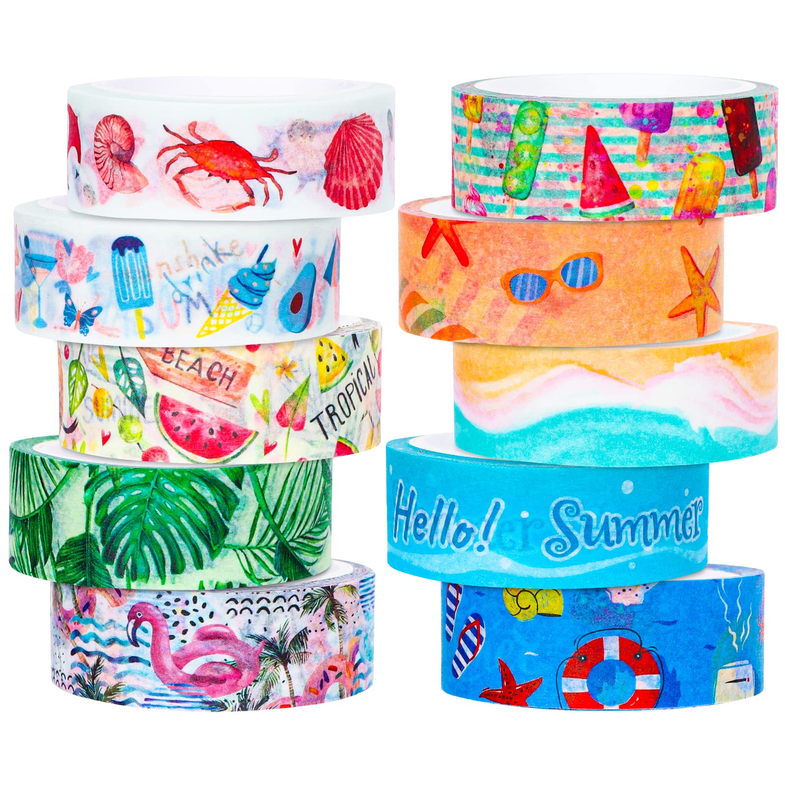 Whaline 10 Roll Summer Beach Washi Tape Hawaii Beach Washi Masking Tape Tropical Style Sea Animals Ocean Party Decorative Tape Sticker for Scrapbook