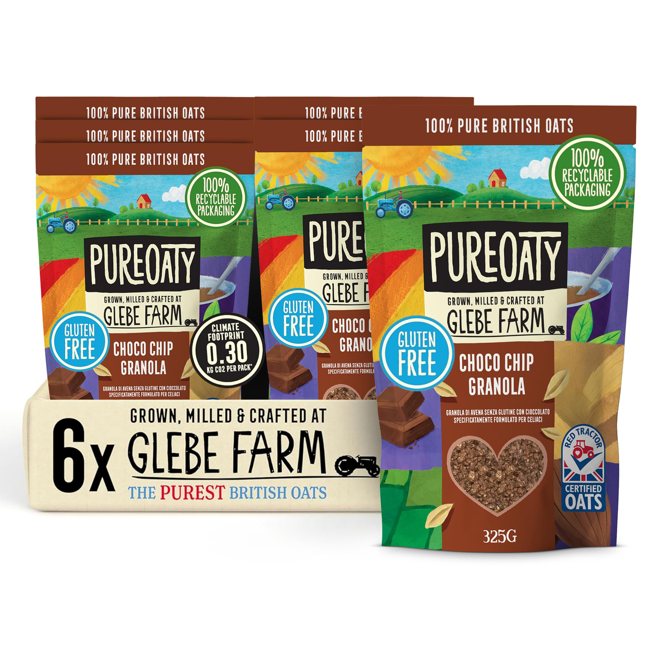 Glebe Farm Gluten Free PureOaty Chocolate Oat Granola 6PK, Healthy Wholegrain Oats To Help Lower Cholesterol, 100% British Oats, Vegan & High In Fibre, Delicious Granola Cereal, 6x 325g