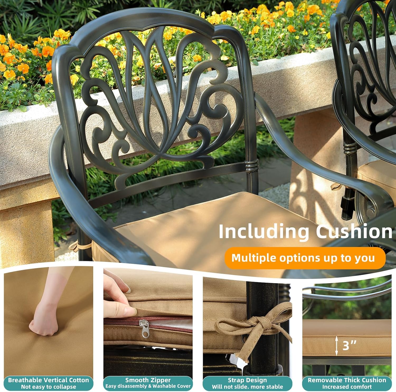 MEETWARM 2 Piece Outdoor Patio Swivel Bar Stools, All-Weather Cast Aluminum Bar Height Bistro Chairs, Outdoor Furniture Bar Dining Chair Set with Cushions for Garden Deck Backyard, Dark Bronze